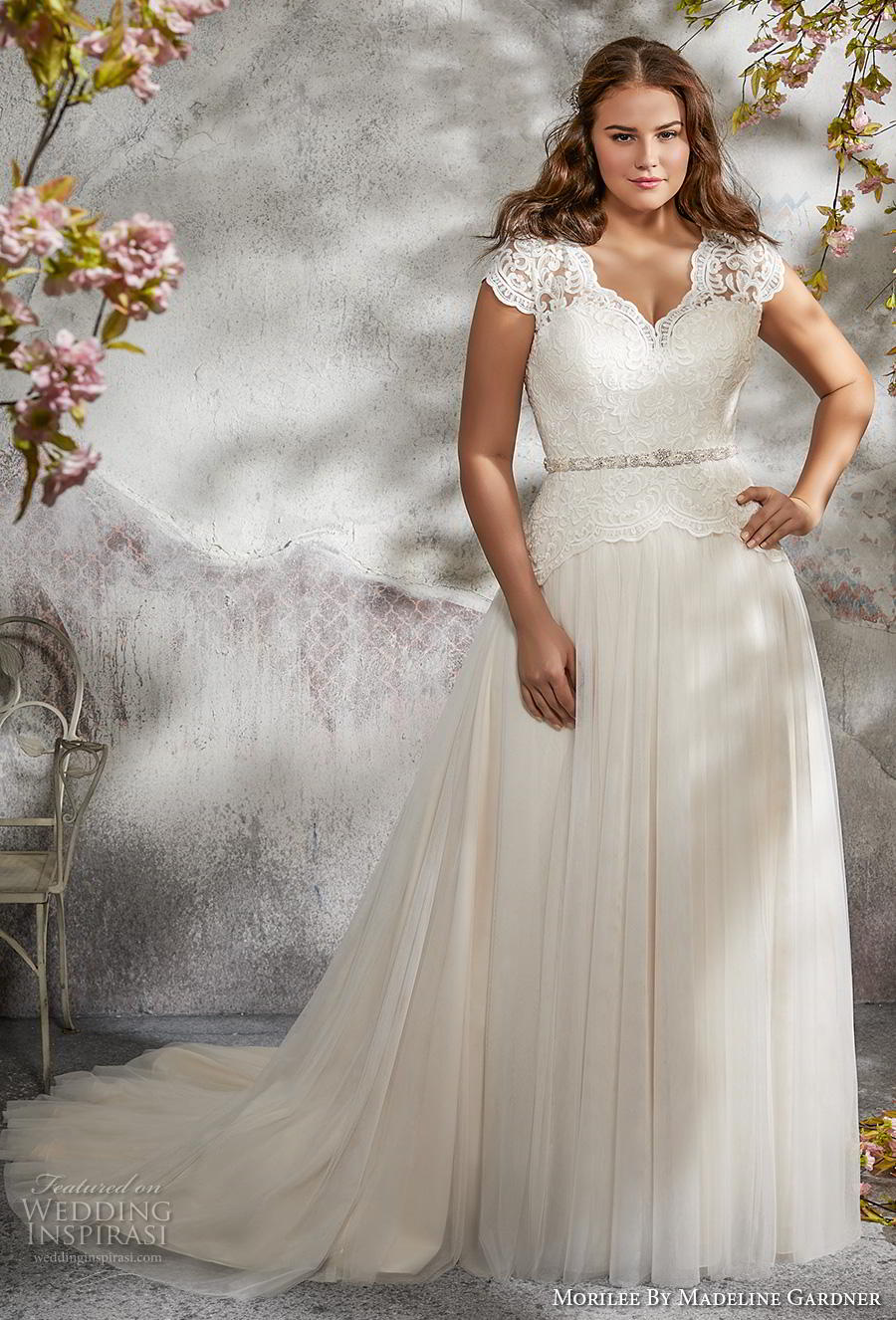 morilee 2018 julietta bridal cap sleeves scalloped v neck heavily embellished bodice romantic soft a  line wedding dress plus size sheer lace back chapel train (1) mv