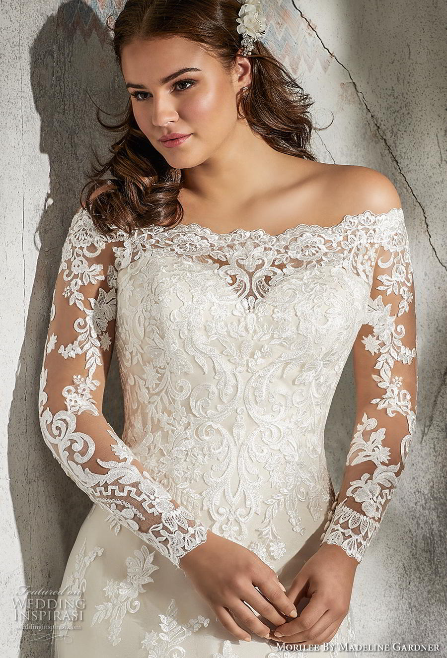 morilee 2018 julietta bridal long sleeves off the shoulder straight across sweetheart neckline full embellishent elegant a  line wedding dress plus size sheer lace back chapel train (4) zv 