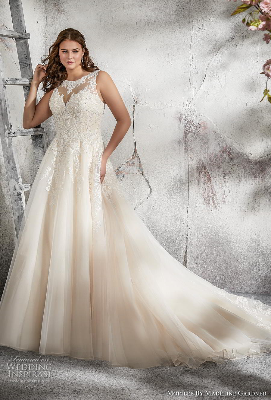 morilee 2018 julietta bridal sleeveless illusion bateau sweetheart neckline heavily embellished bodice romantic champagne a  line wedding dress plus size sheer lace chapel train (5) mv