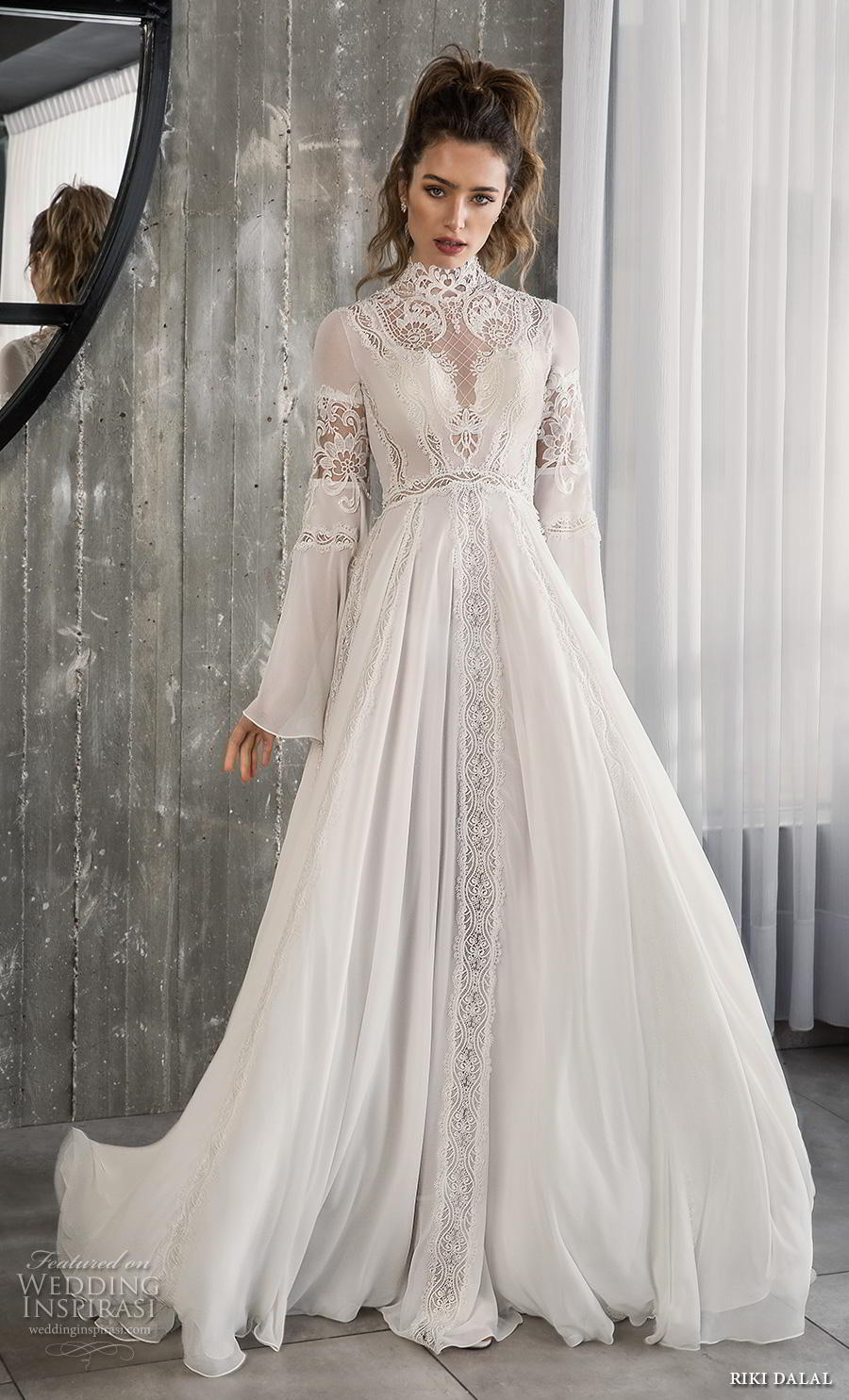 riki dalal 2018 glamour bridal long bell sleeves high neck heavily embellished bodice romantic bohemian a  line wedding dress cross strap back sweep train (4) mv