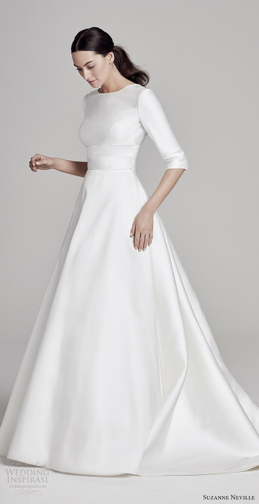 suzanne neville bridal 2019 3 quarter jewel neck minimal a line ball gown wedding dress (layla) chapel train clean romantic mv