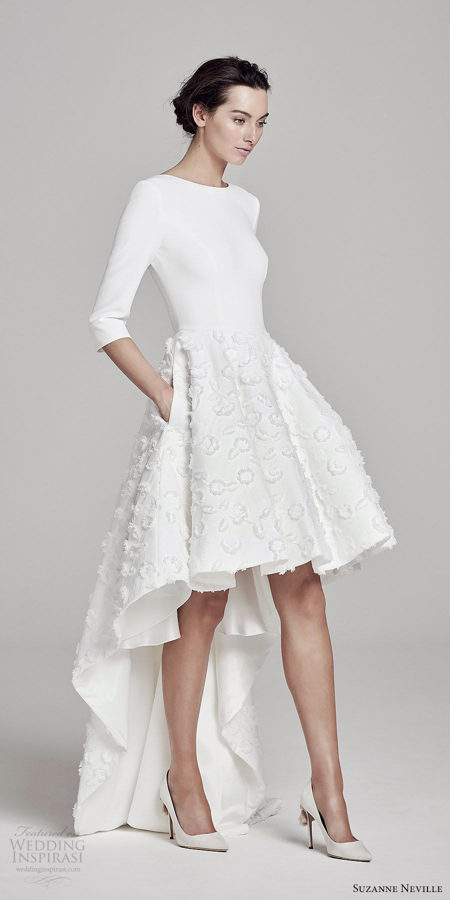 suzanne neville bridal 2019 3 quarter sleeves jewel neck clean bodice high low embellished skirt a line wedding dress (orwell) chic modern mv