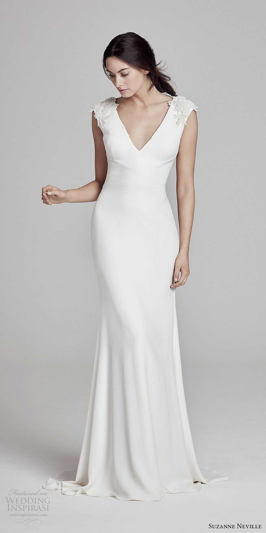 suzanne neville bridal 2019 embellished cap sleeves v neck sheath wedding dress (austen) chic minimal mv