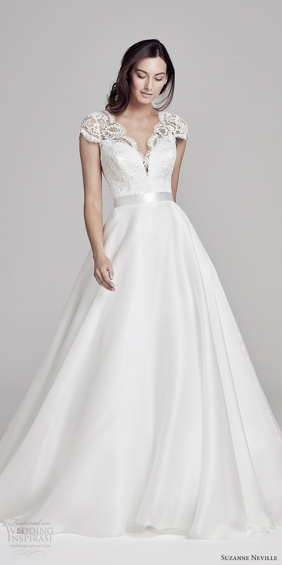 suzanne neville bridal 2019 illusion cap sleeves sheer v neck sweetheart a line wedding dress (alicia) v back chapel train romantic elegant mv