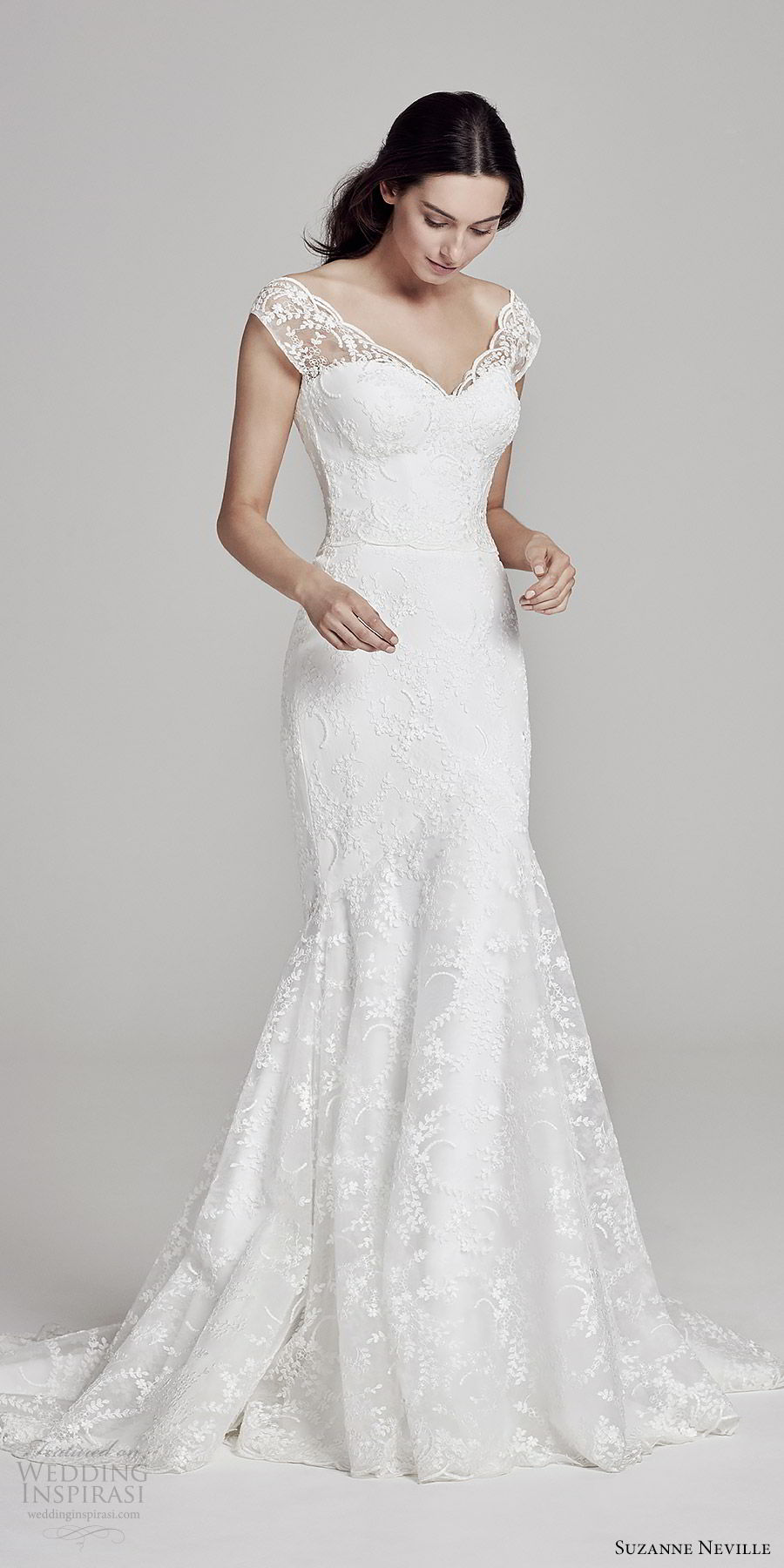 suzanne neville bridal 2019 illusion cap sleeves sheer v neck sweetheart neckline fit flare lace wedding dress (ava) chapel train romantic elegant mv