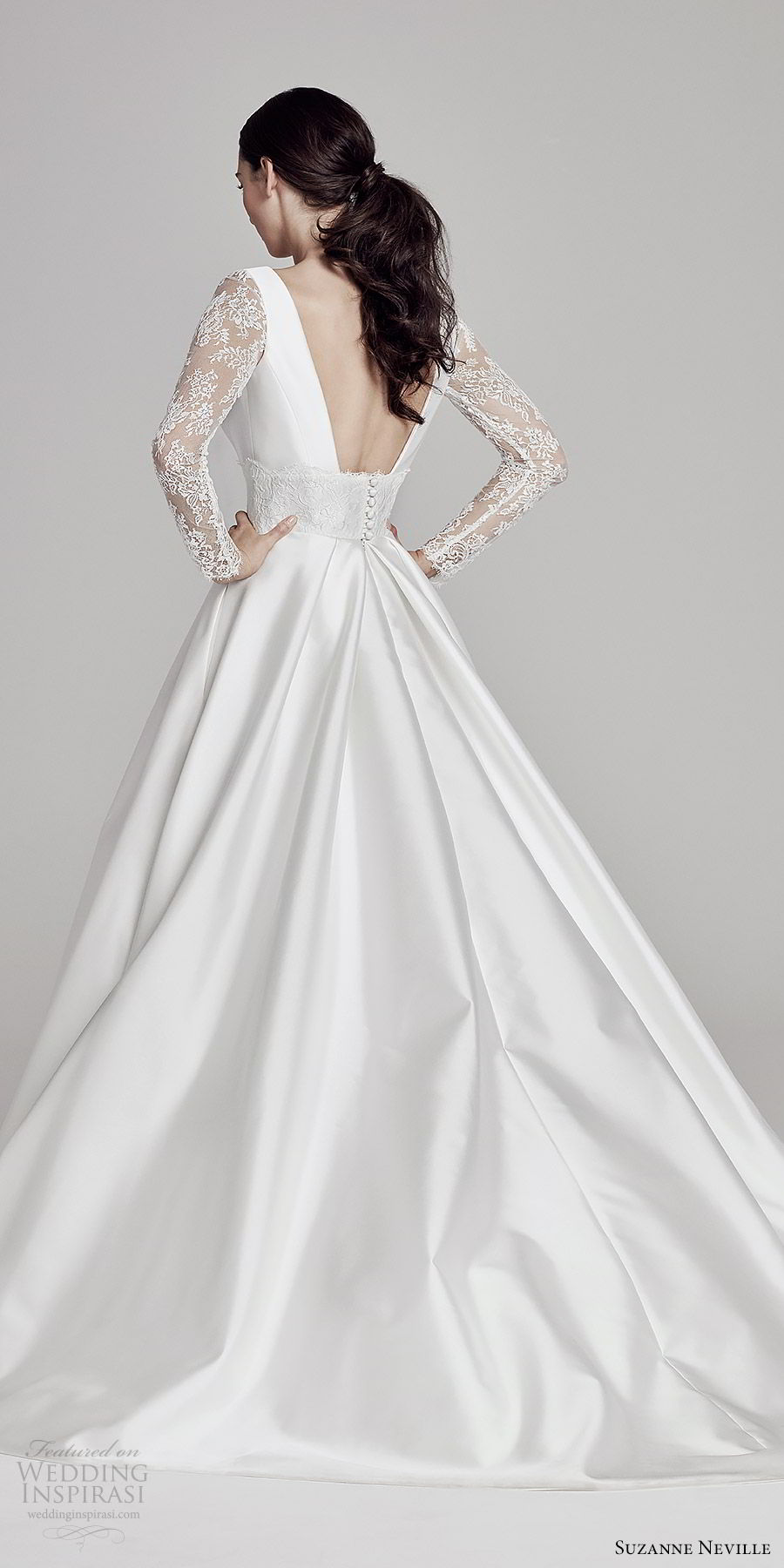 suzanne neville bridal 2019 illusion long sleeves deep v neck minimal a line ball gown wedding dress (beatrix) sweep train elegant romantic low back bv