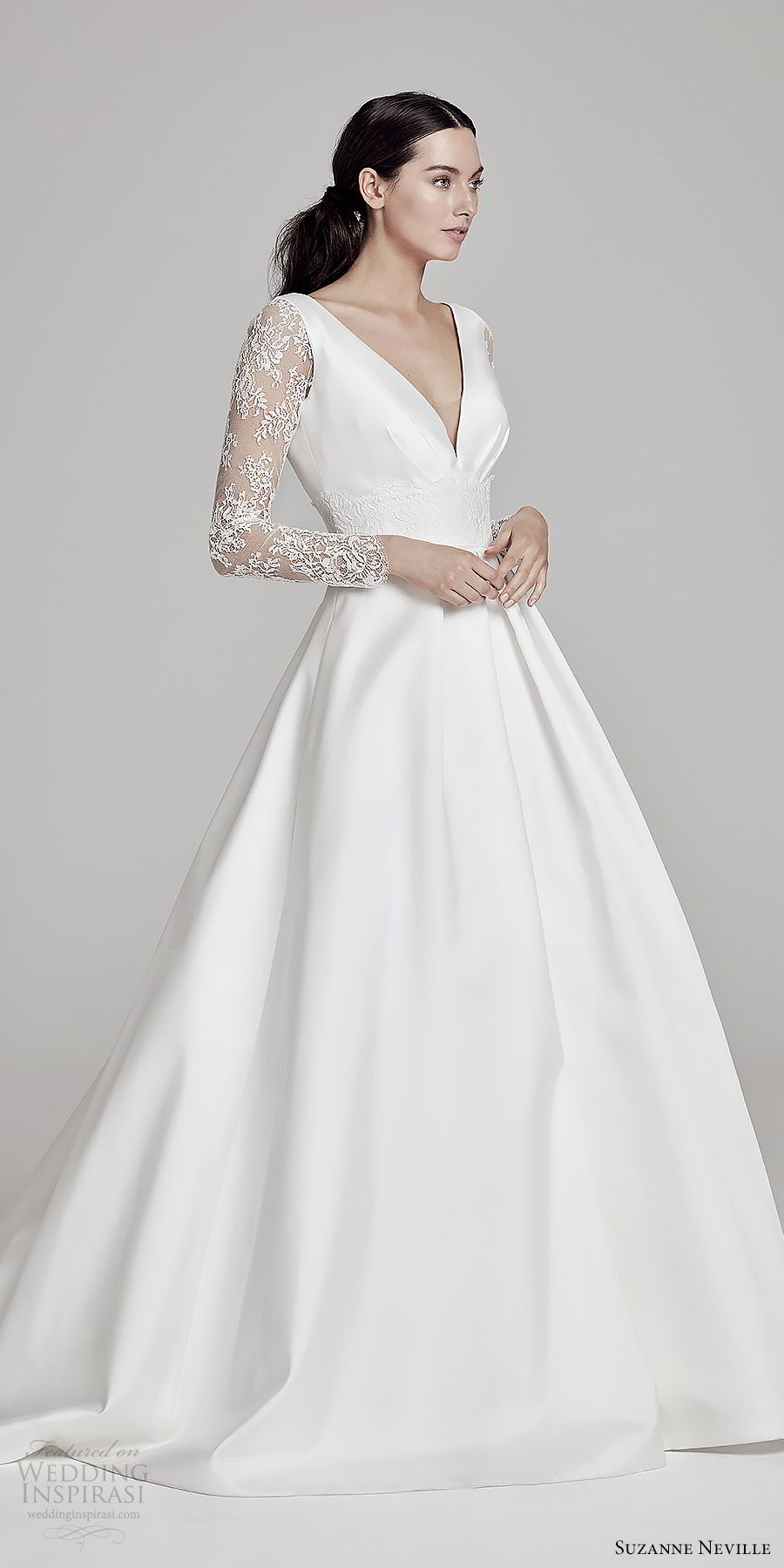 suzanne neville bridal 2019 illusion long sleeves deep v neck minimal a line ball gown wedding dress (beatrix) sweep train elegant romantic mv