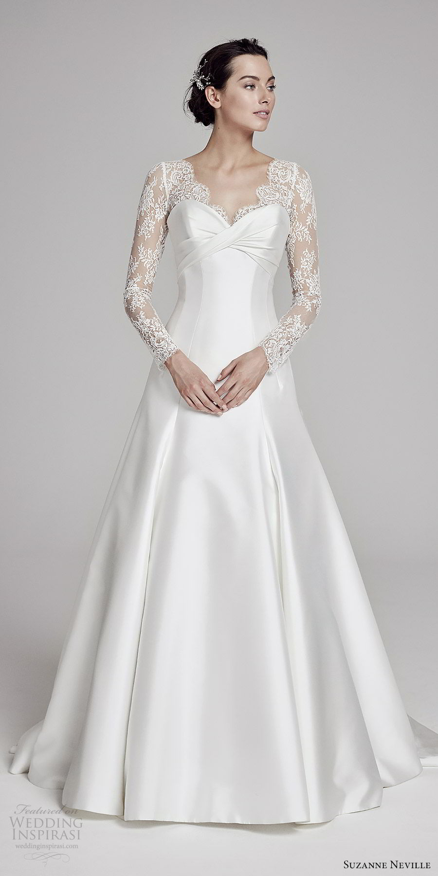 suzanne neville bridal 2019 illusion long sleeves sheer v neck sweetheart a line wedding dress (livia) sweep train classic romantic mv