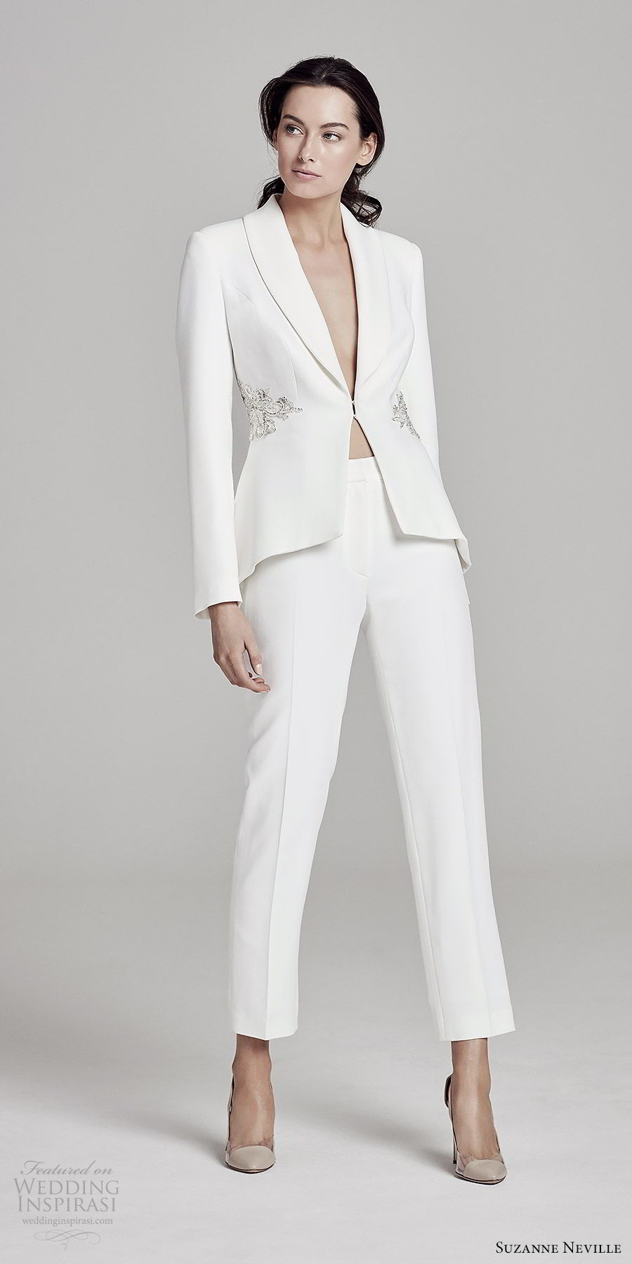 suzanne neville bridal 2019 long sleeve collar jacket pant wedding dress (romy) modern chic mv