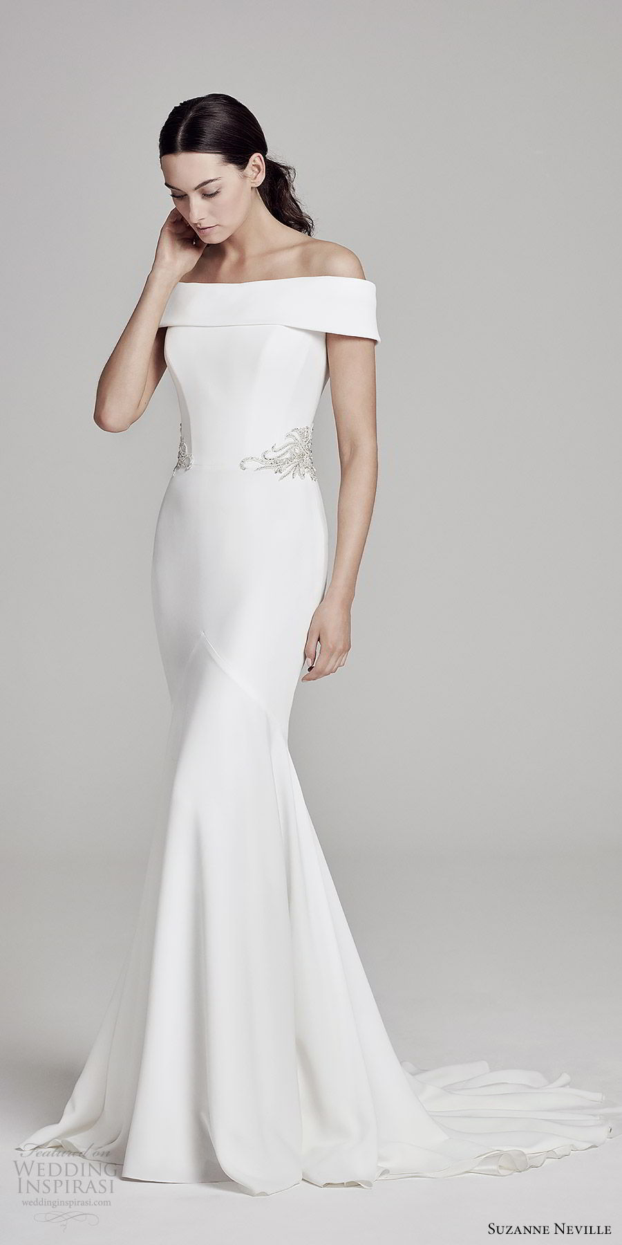 suzanne neville bridal 2019 off shoulder straight across embellished waist sheath wedding dress (orianna) chapel train modern clean elegant mv