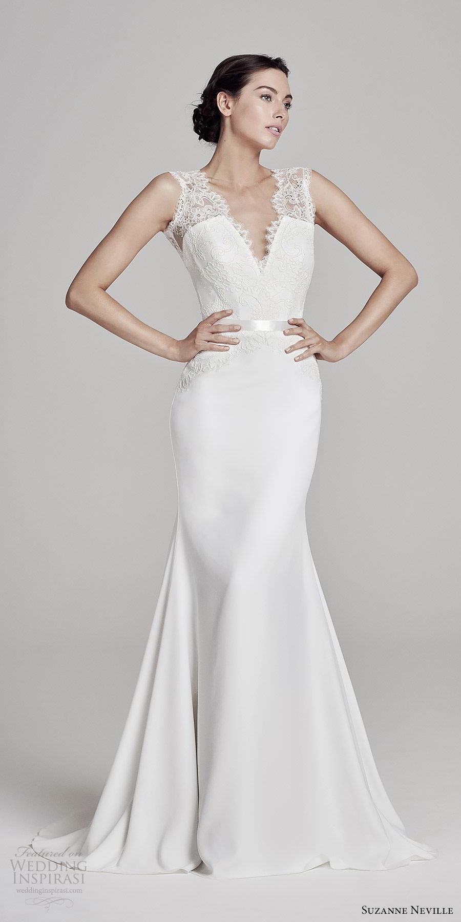 suzanne neville bridal 2019 sleeeless illusion thick straps deep v neck lace bodice sheath wedding dress (antoinetta) elegant vback sweep train mv