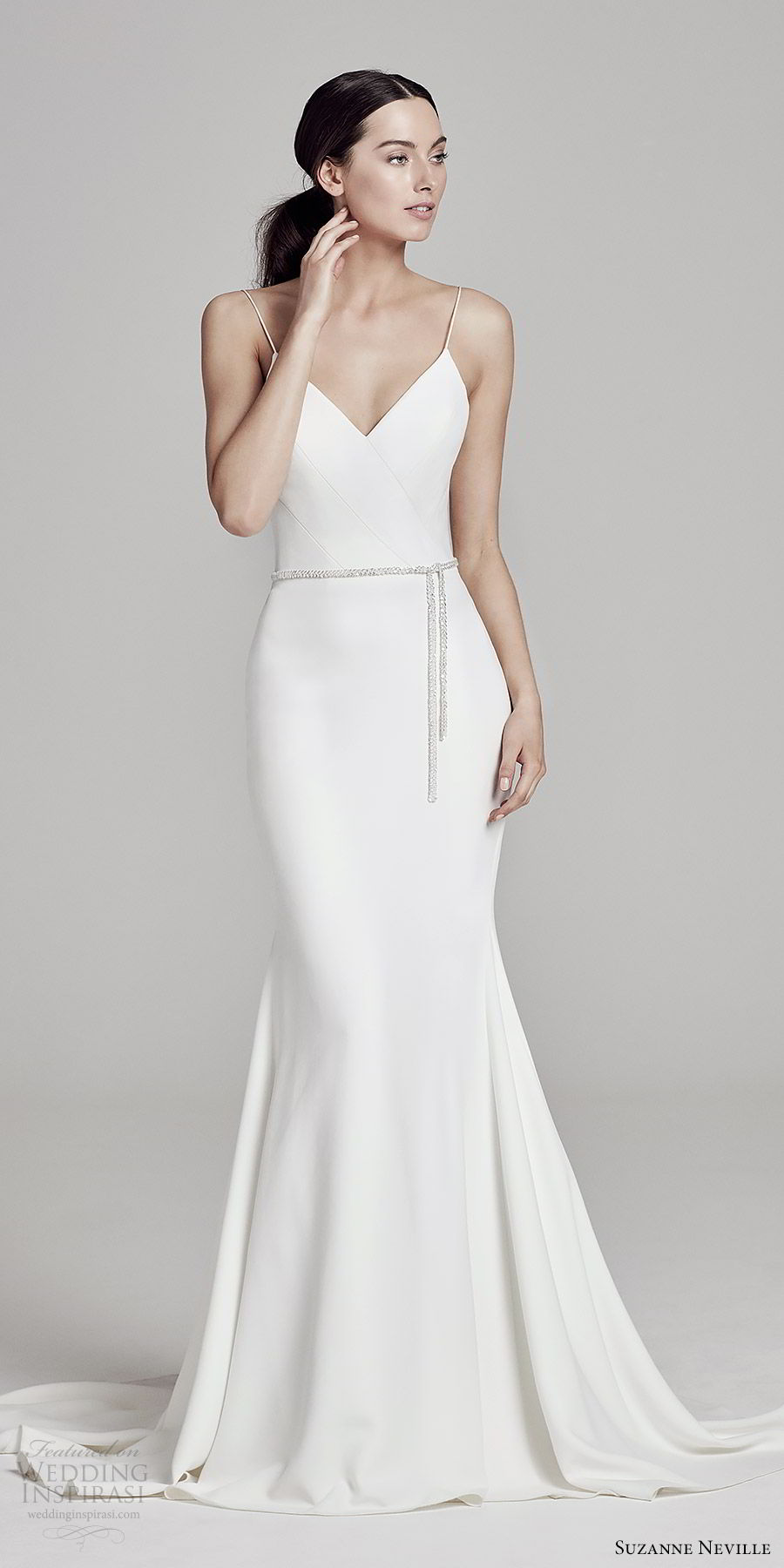 suzanne neville bridal 2019 sleeveless thin straps v neck clean sheath wedding dress (venus) chapel train chic modern mv