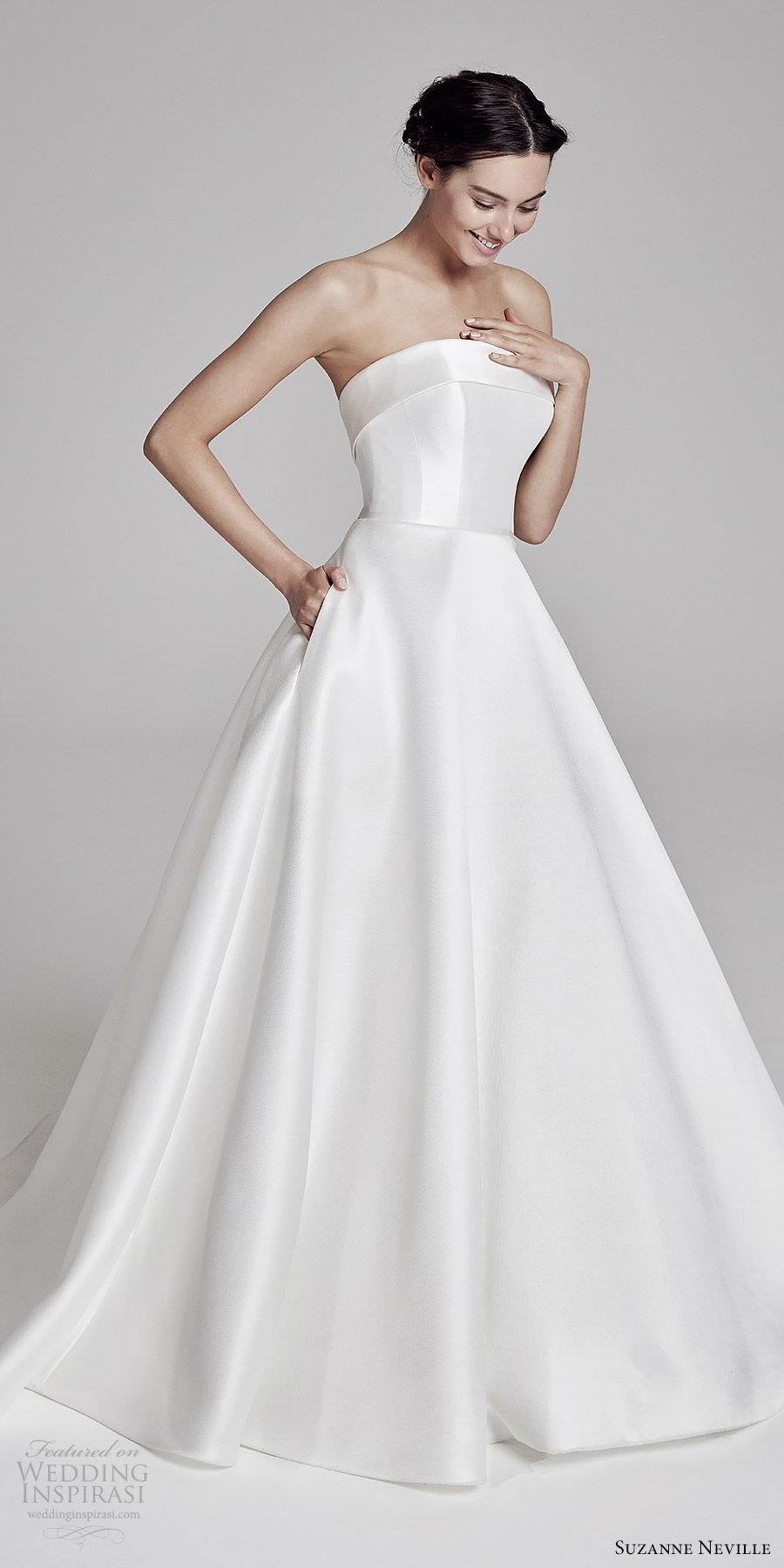 suzanne neville bridal 2019 strapless straight across a line ball gown wedding dress (loretta) simple classic pocket mv