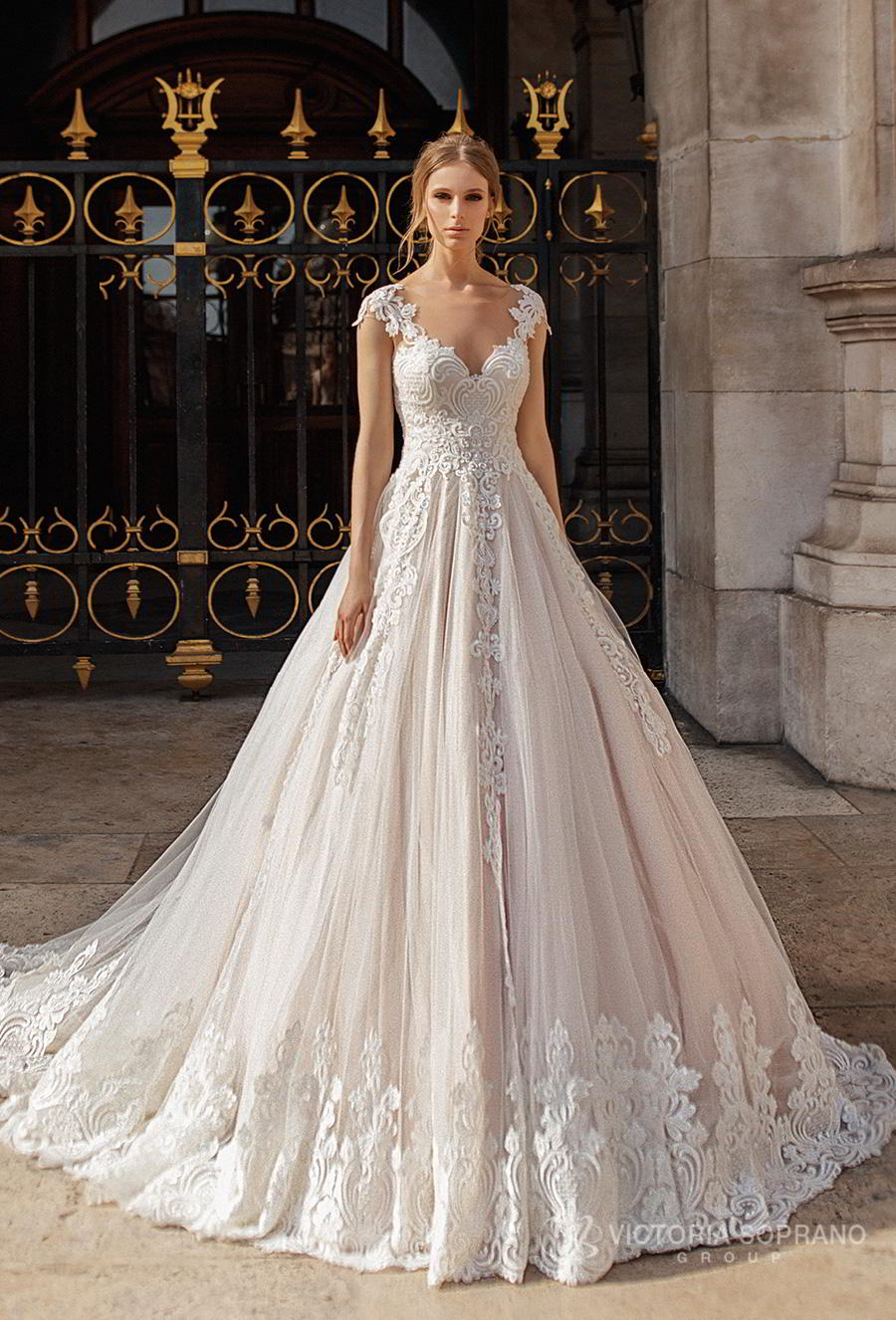 victoria soprano 2019 bridal cap sleeves v neck heavily embellished bodice romantic princess a  line wedding dress sheer button back chapel train (ivonna) mv 