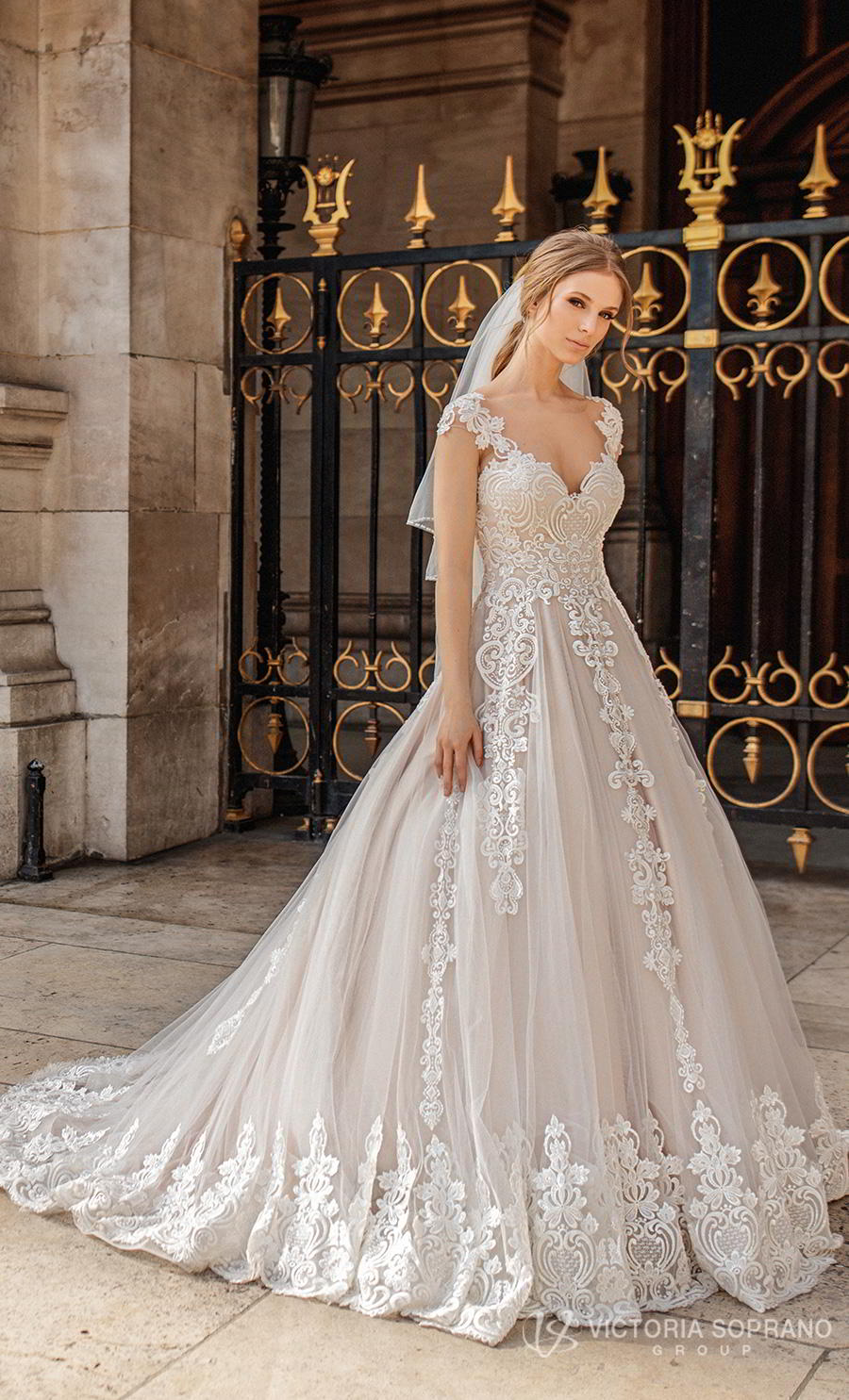 victoria soprano 2019 bridal cap sleeves v neck heavily embellished bodice romantic princess a  line wedding dress sheer button back chapel train (ivonna) mv