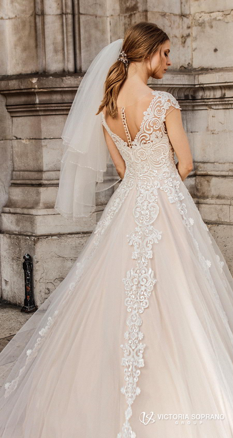 victoria soprano 2019 bridal cap sleeves v neck heavily embellished bodice romantic princess a  line wedding dress sheer button back chapel train (ivonna) zbv