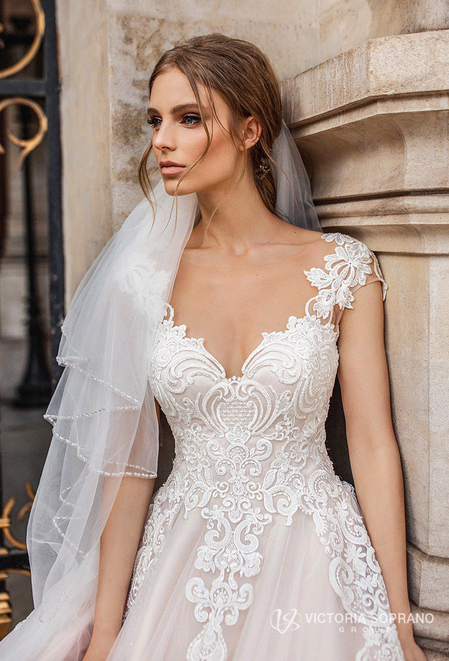 victoria soprano 2019 bridal cap sleeves v neck heavily embellished bodice romantic princess a  line wedding dress sheer button back chapel train (ivonna) zv 