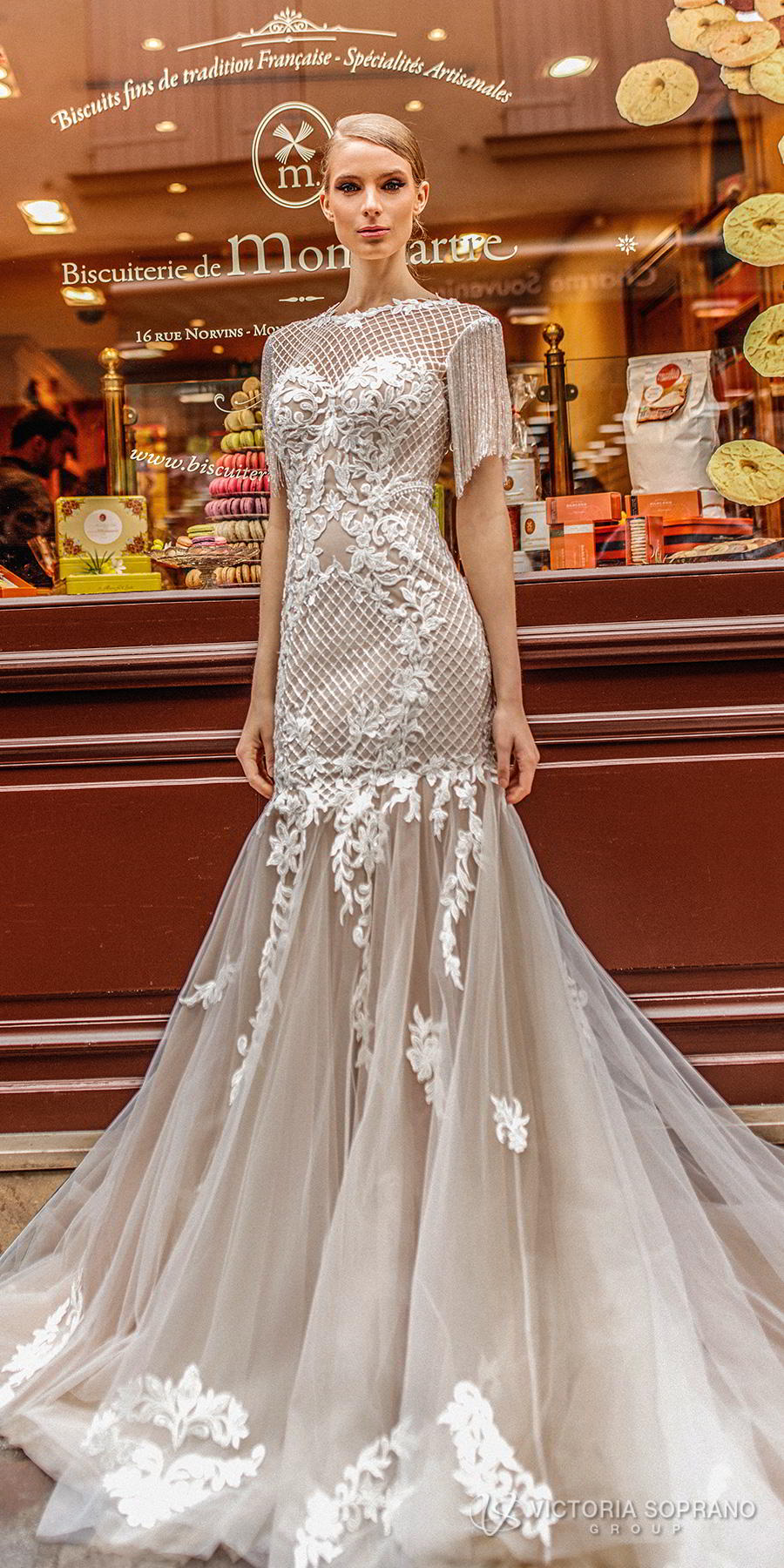 victoria soprano 2019 bridal half sleeves bateau neckline heavily embellished bodice elegant mermaid wedding dress open v back long train (jizel) lv