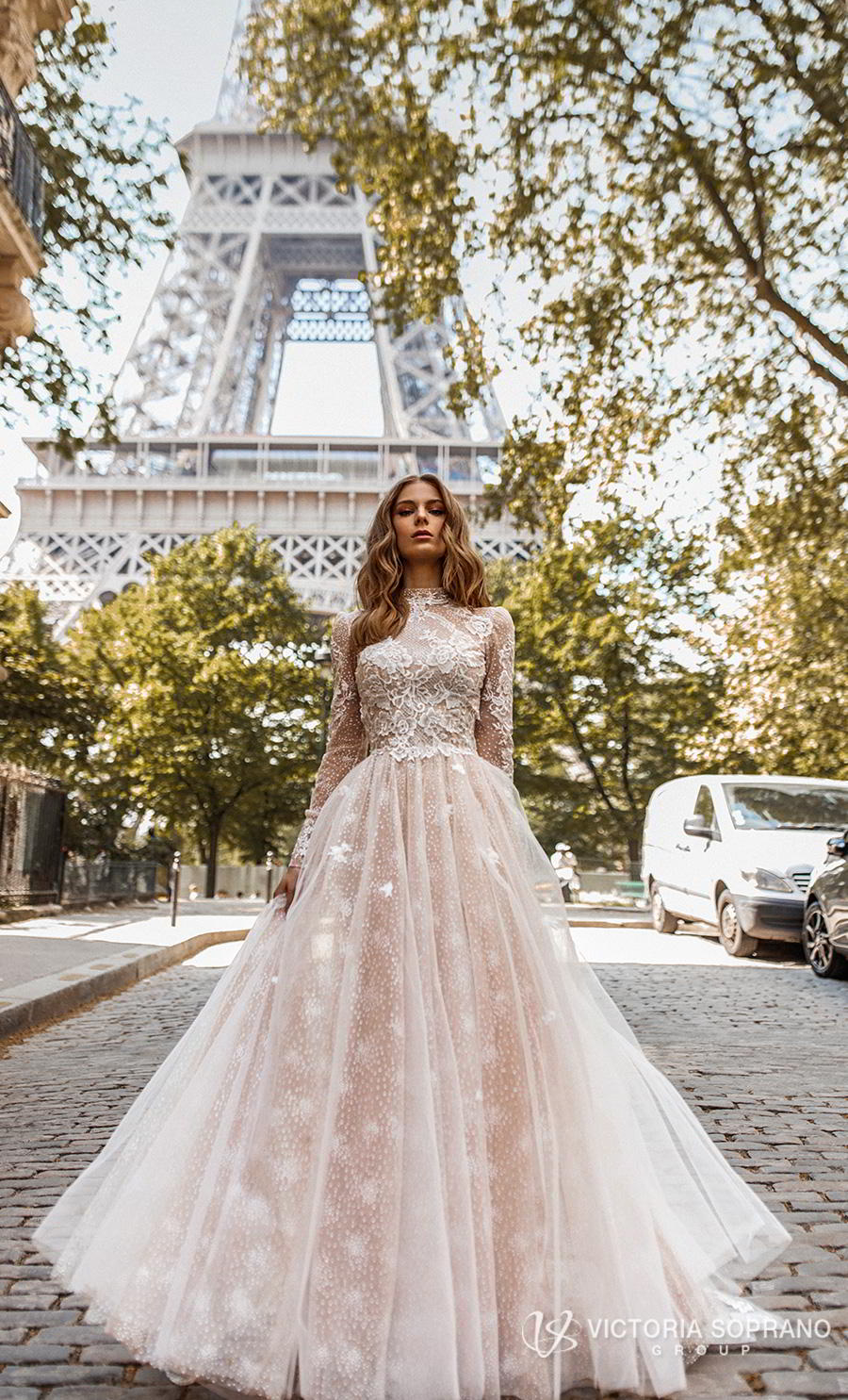 victoria soprano 2019 bridal long sleeves high neck heavily embellished bodice elegant princess a  line wedding dress open low back chapel train (dior) mv