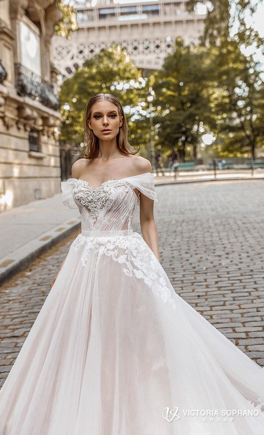 victoria soprano 2019 bridal off the shoulder sweetheart neckline heavily embellished bodice romantic princess a  line ball gown weddding dress royal train (manolo) zv