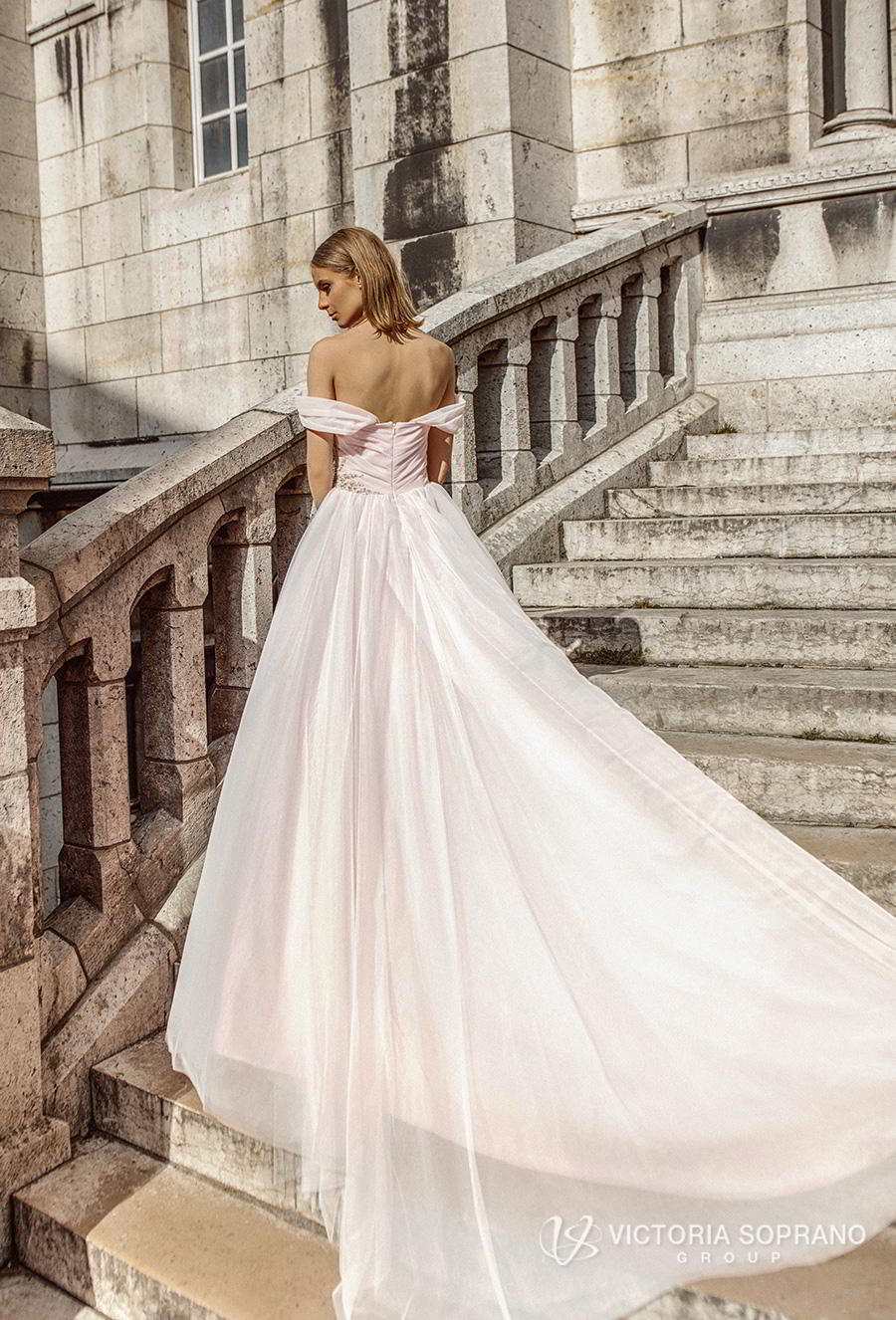 victoria soprano 2019 bridal off the shoulder sweetheart neckline ruched wrap over bodice romantic blush ball gown wedding dress chapel train (estel) bv