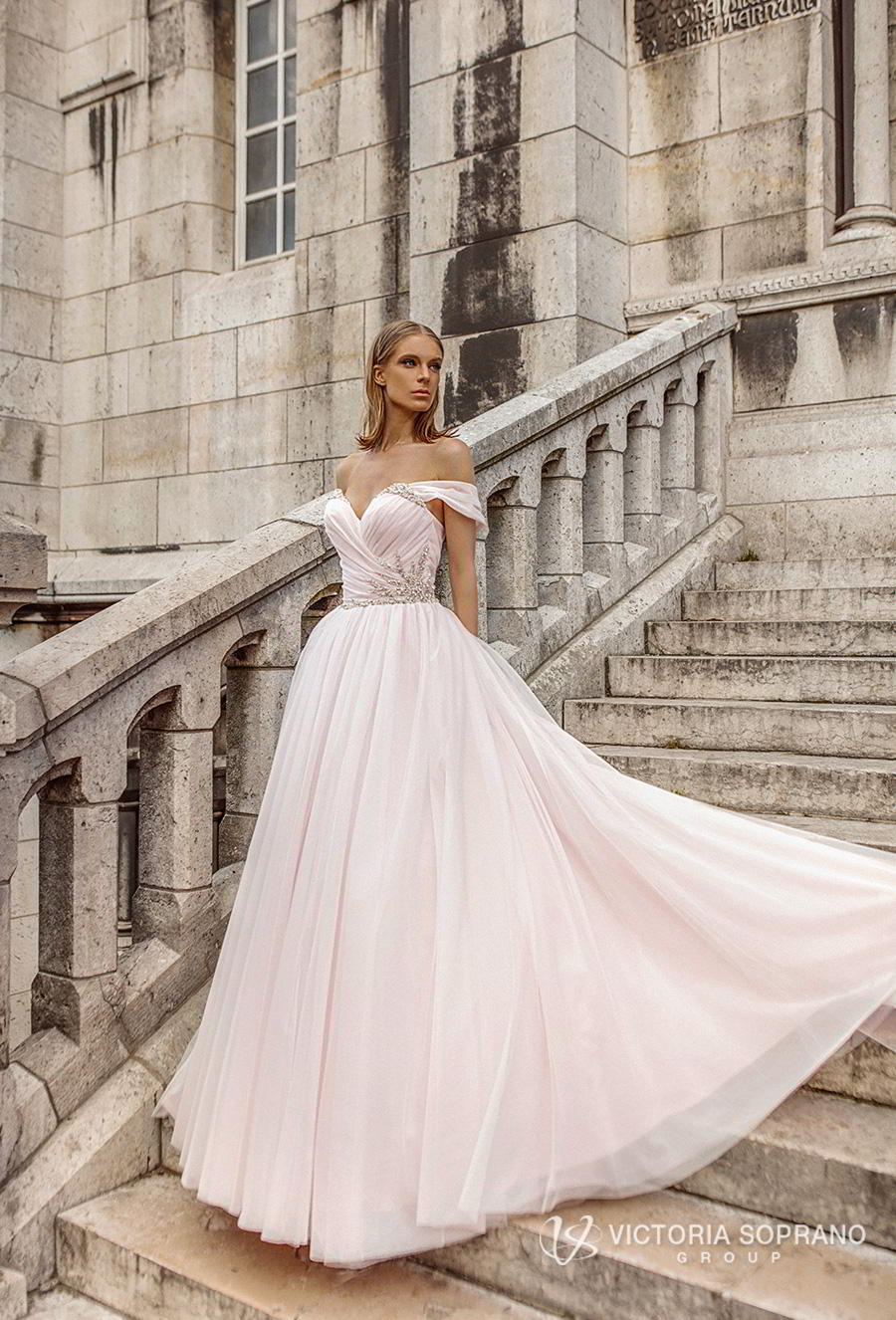 victoria soprano 2019 bridal off the shoulder sweetheart neckline ruched wrap over bodice romantic blush ball gown wedding dress chapel train (estel) mv