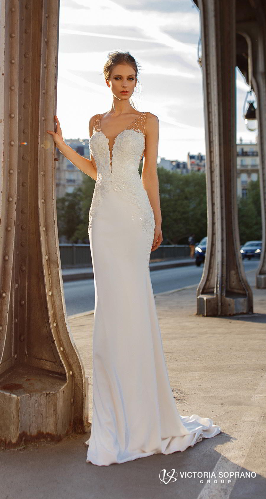 victoria soprano 2019 bridal sleeveless deep plunging v neck heavily embellished bodice elegant sheath wedding dress open v back short train (gustin) mv