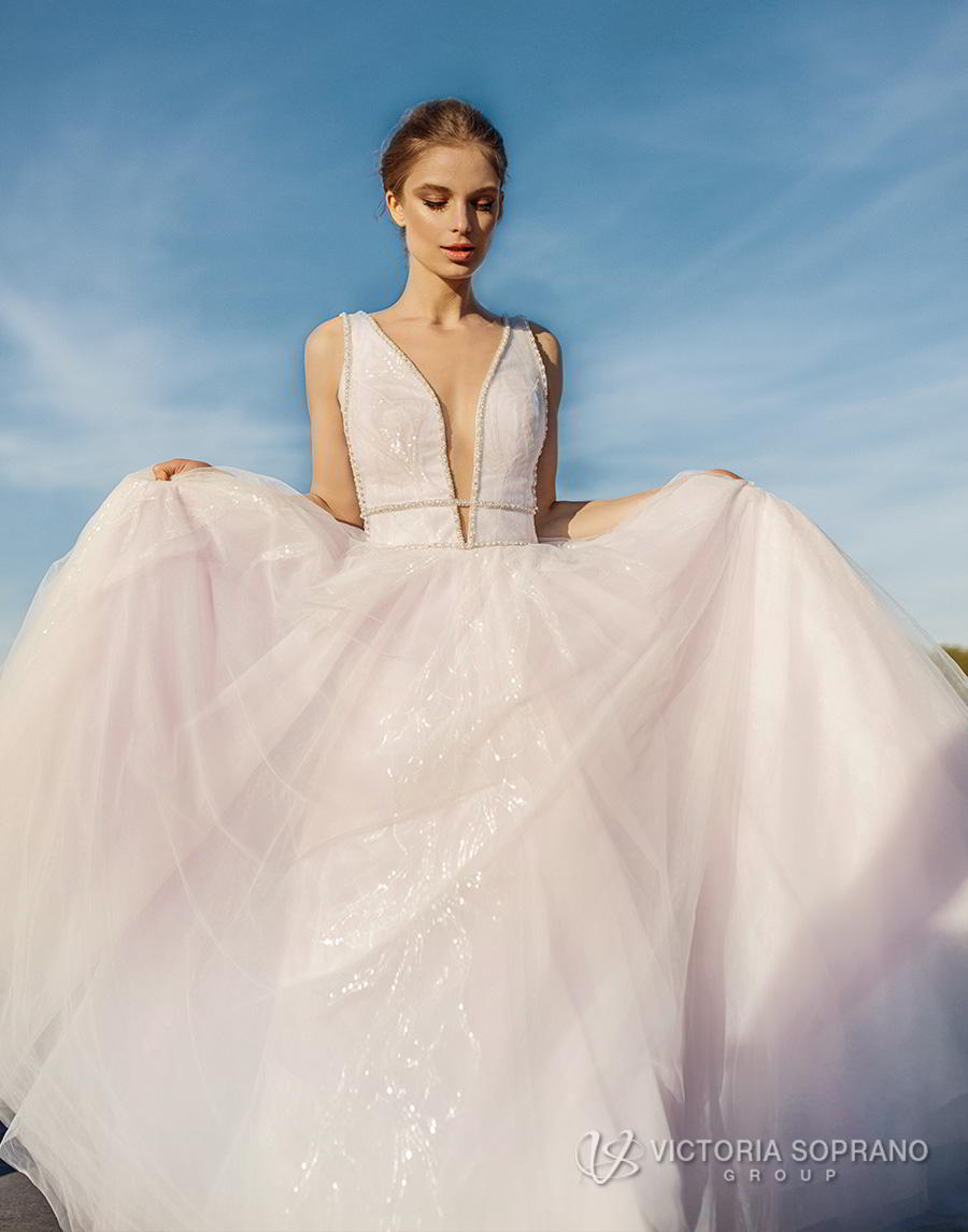 victoria soprano 2019 bridal sleeveless deep plunging v neck lightly embellished bodice tulle skirt romantic blush a  line wedding dress chapel train (avrille) mv