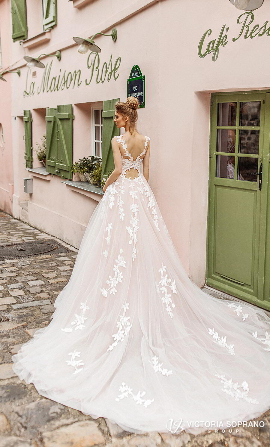 victoria soprano 2019 bridal sleeveless illusion bateau sweetheart neckline heavily embellished bodice romantic blush a  line wedding dress v back chapel train (bloom) bv