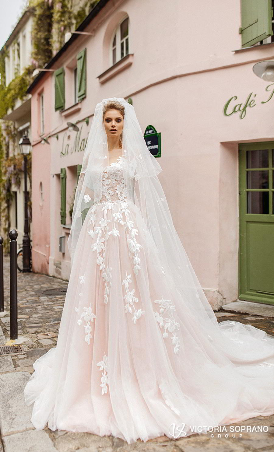 victoria soprano 2019 bridal sleeveless illusion bateau sweetheart neckline heavily embellished bodice romantic blush a  line wedding dress v back chapel train (bloom) mv