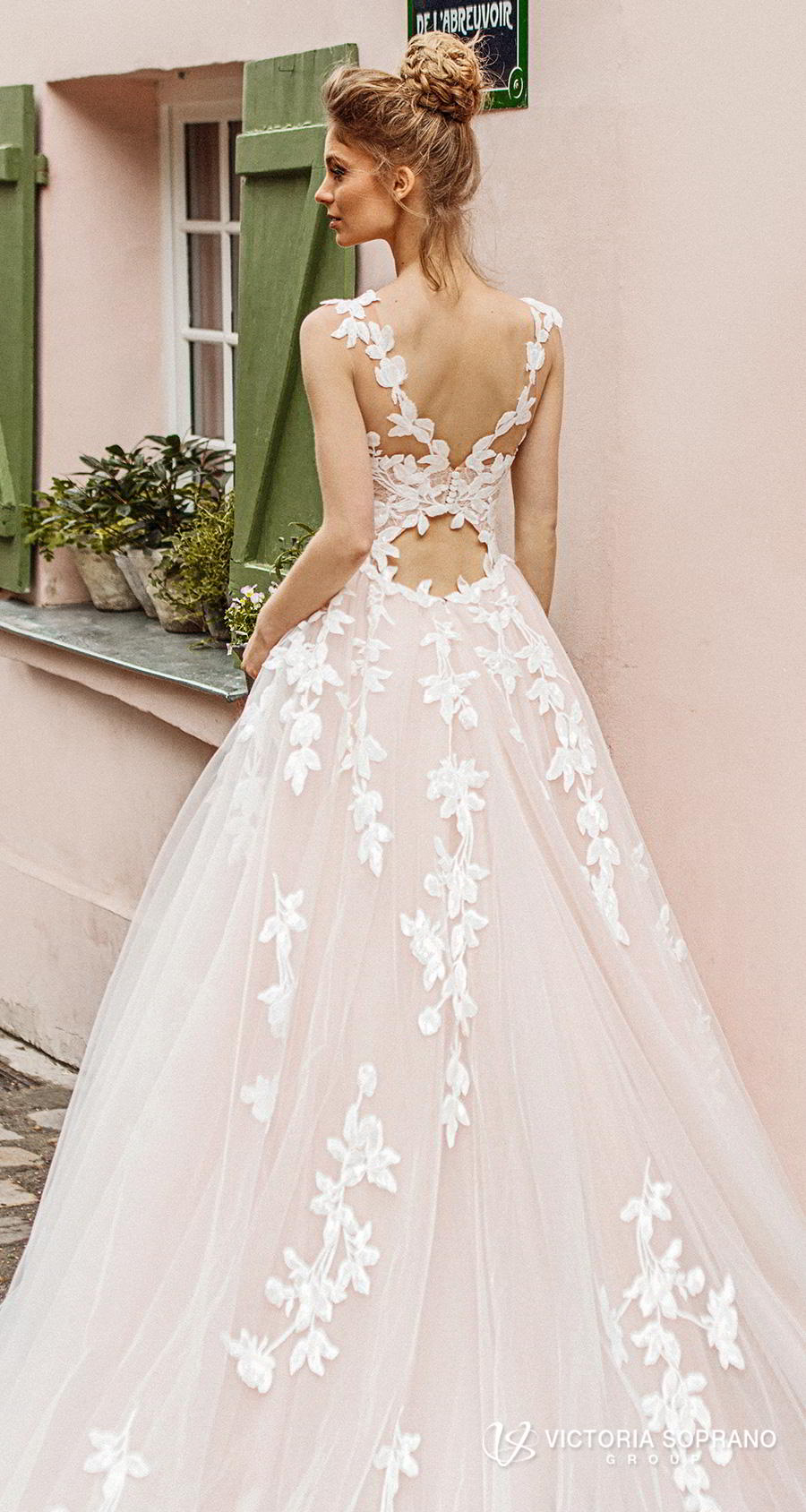 victoria soprano 2019 bridal sleeveless illusion bateau sweetheart neckline heavily embellished bodice romantic blush a  line wedding dress v back chapel train (bloom) zbv