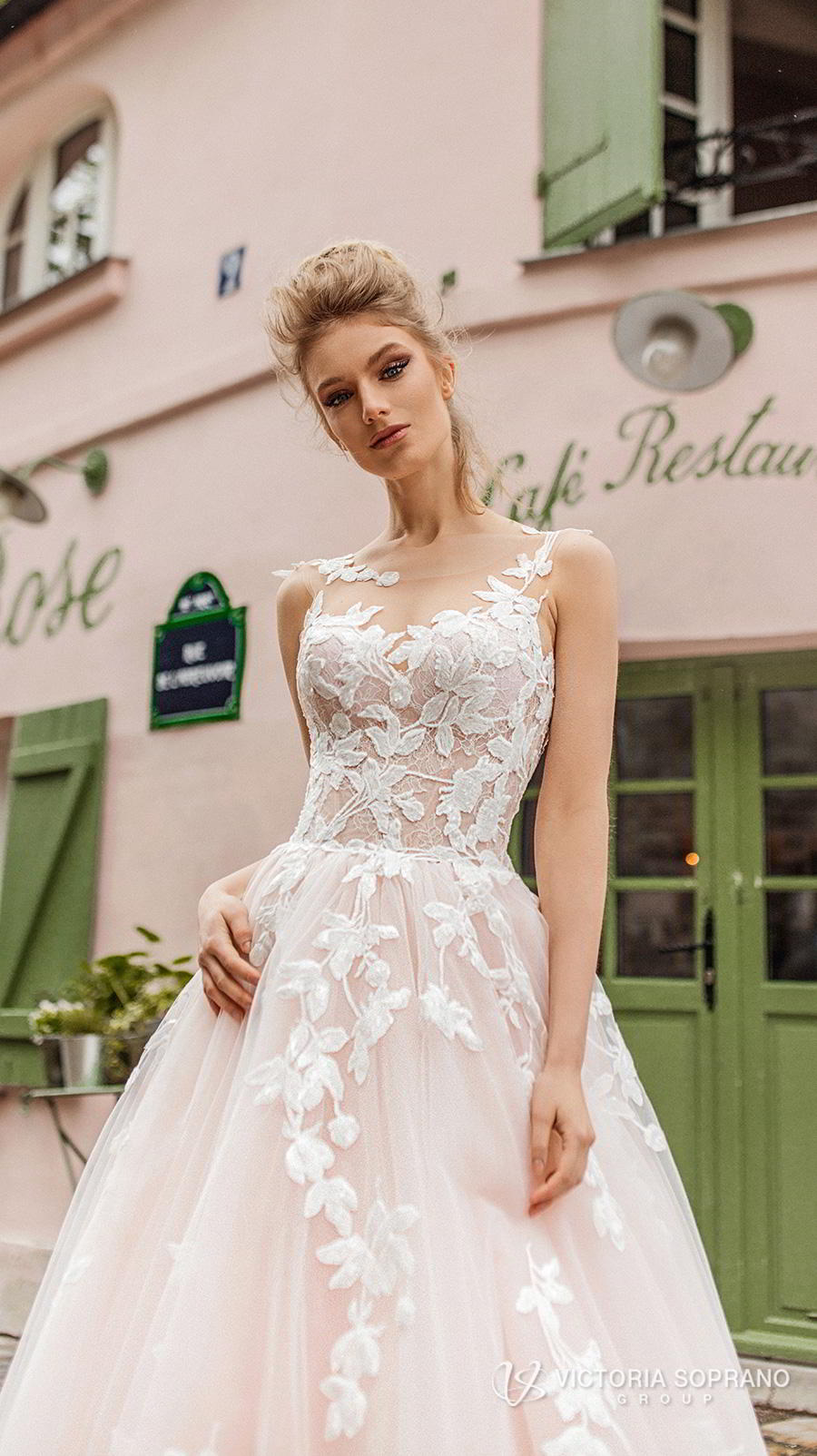 victoria soprano 2019 bridal sleeveless illusion bateau sweetheart neckline heavily embellished bodice romantic blush a  line wedding dress v back chapel train (bloom) zv