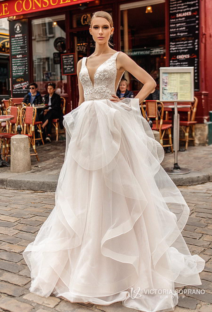 victoria soprano 2019 bridal sleeveless v neck heavily embellised bodice layered skirt romantic a  line wedding dress backless chapel train (elen) mv