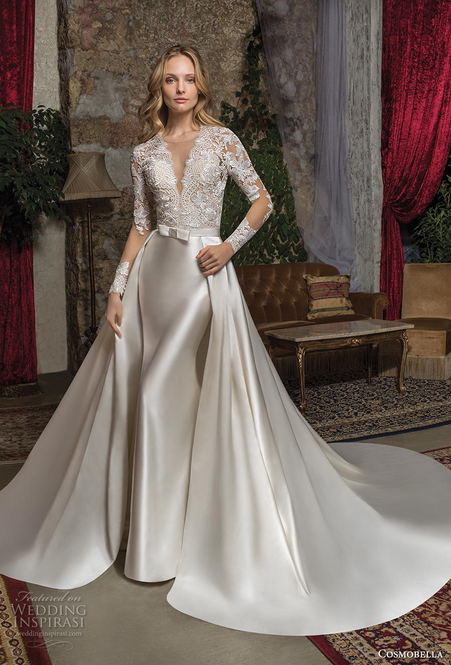 cosmobella 2019 bridal long sleeves illusion jewel v neck heavily embellished bodice glamorous elegant gold sheath wedding dress a  line overskirt keyhole back chapel train (8) mv