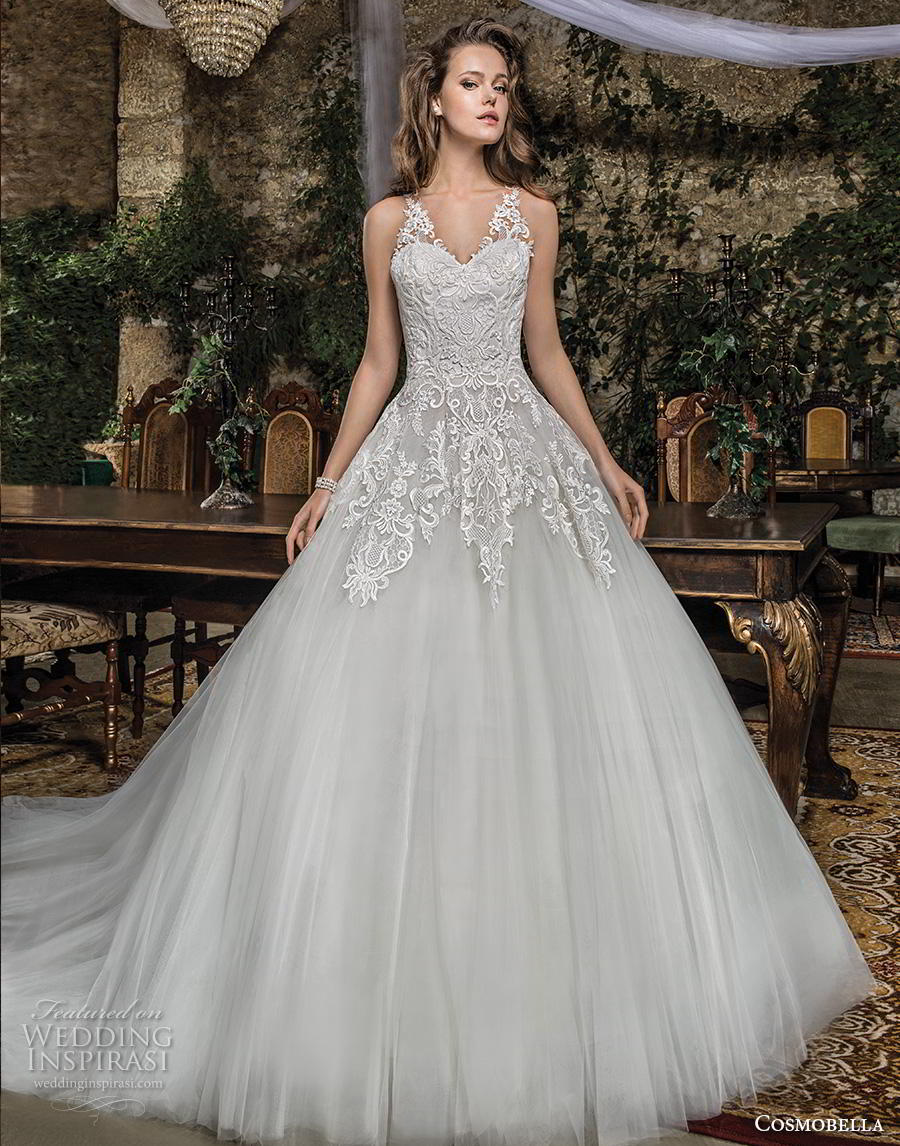 cosmobella 2019 bridal sleeveless illusion v sweetheart neckline heavily embellished bodice tulle skirt romantic a  line wedding dress keyhole back chapel train (14) mv