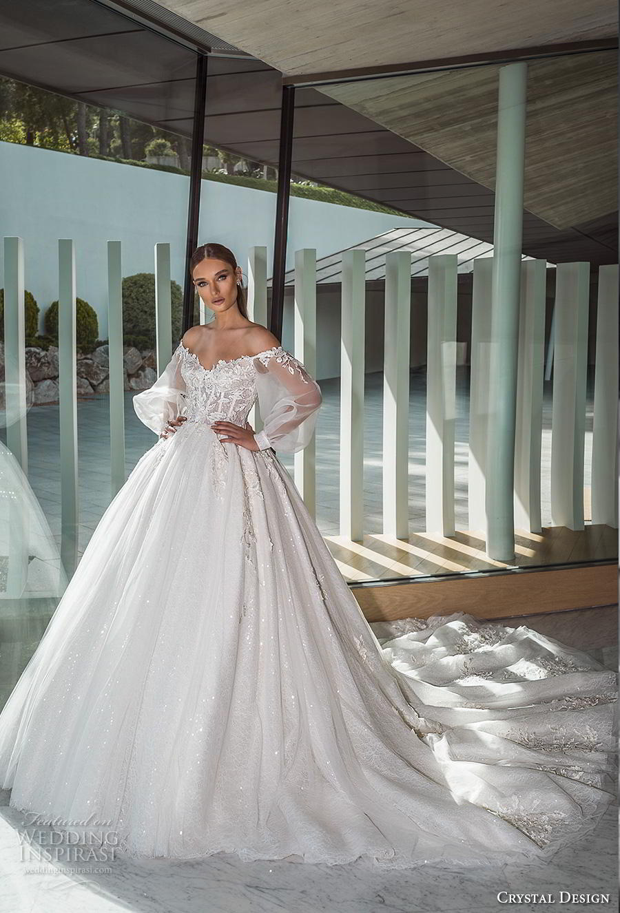 crystal design 2019 bridal long bishop sleeves off the shoulder sweetheart neckline heavily embellished bodice princess romantic ball gown a  line wedding dress royal train (2) mv