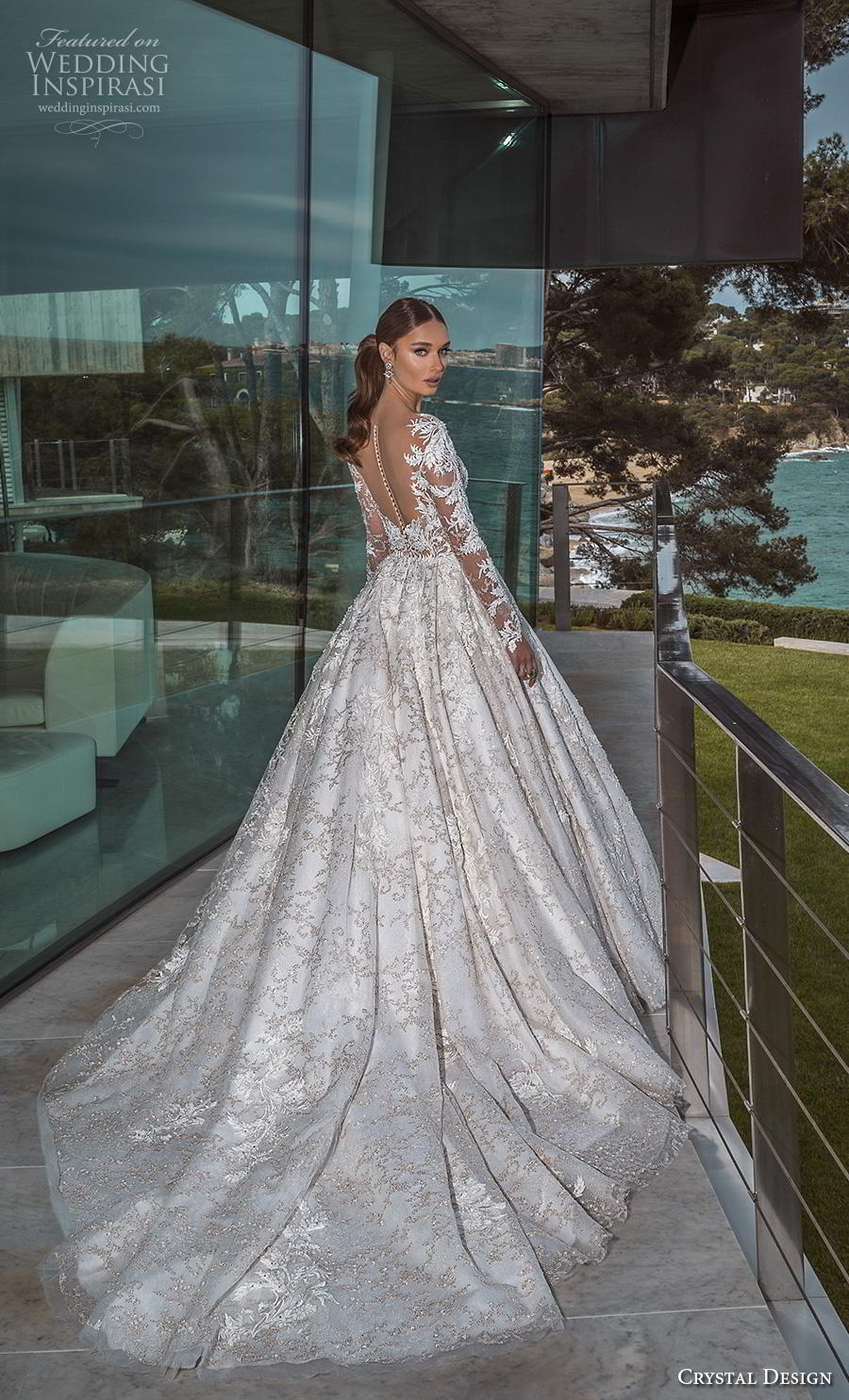 crystal design 2019 bridal long sleeves deep plunging v neck full embellishment princess ball gown a  line wedding dress sheer button back royal train (1) bv 