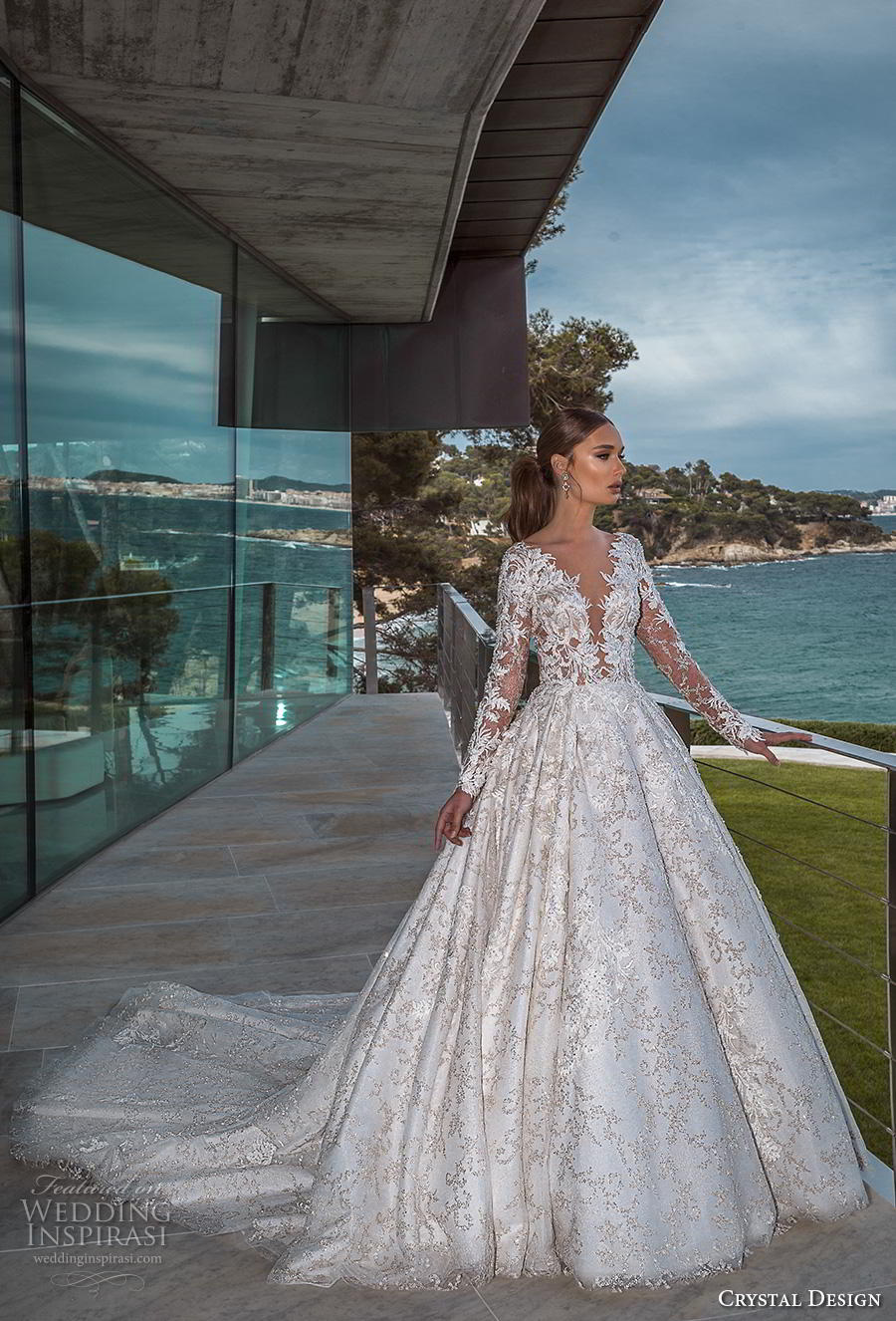 crystal design 2019 bridal long sleeves deep plunging v neck full embellishment princess ball gown a  line wedding dress sheer button back royal train (1) mv