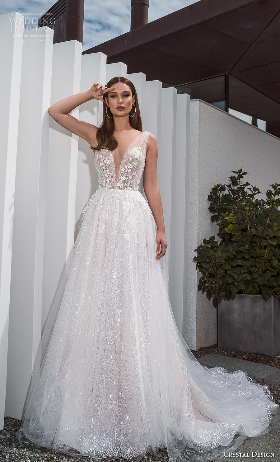 crystal design 2019 bridal sleeveless deep v neck heavily embellished bodice romantic a  line wedding dress sheer button back chapel train (3) mv