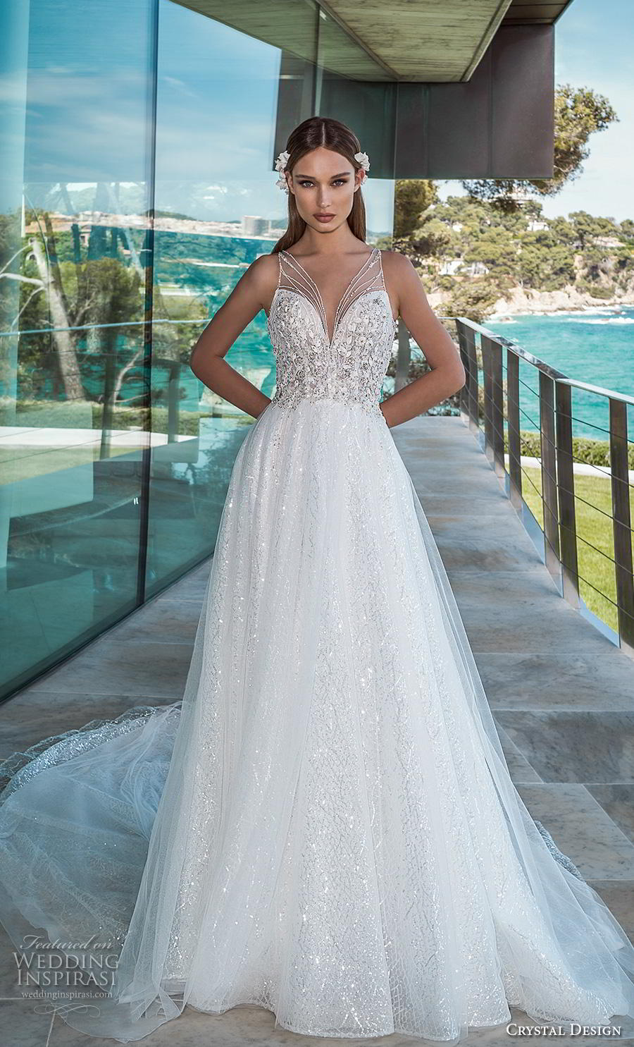 crystal design 2019 bridal sleeveless illusion v sweetheart neckline heavily embellished bodice romantic glamorous a  line wedding dress keyhole back chapel train (8) mv