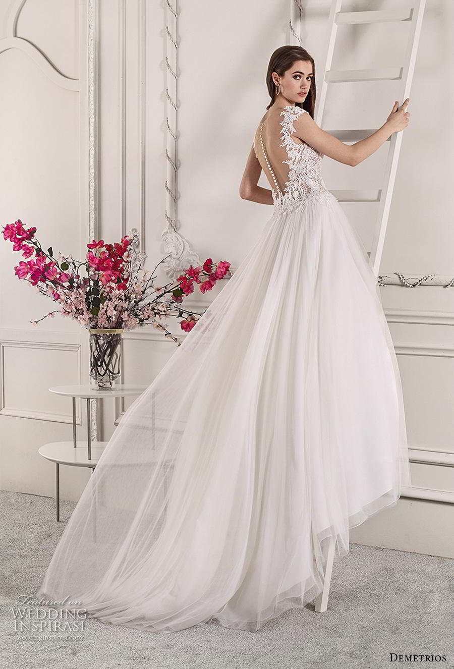 demetrios 2019 starlight bridal cap sleeves deep sweetheart neckline heavily embellished bodice tulle skirt romantic a  line wedding dress sheer button back chapel train (3) bv