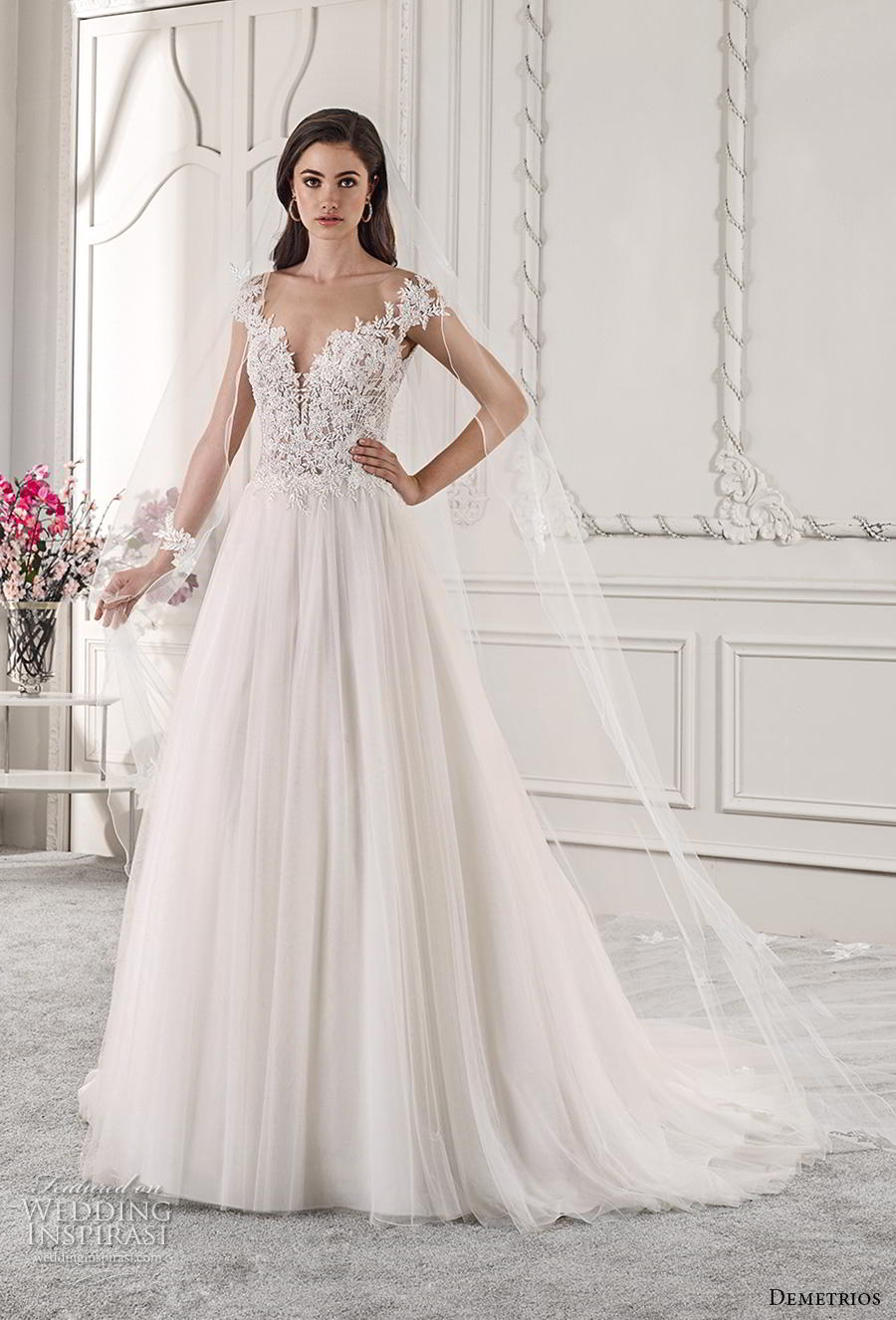 demetrios 2019 starlight bridal cap sleeves deep sweetheart neckline heavily embellished bodice tulle skirt romantic a  line wedding dress sheer button back chapel train (3) mv