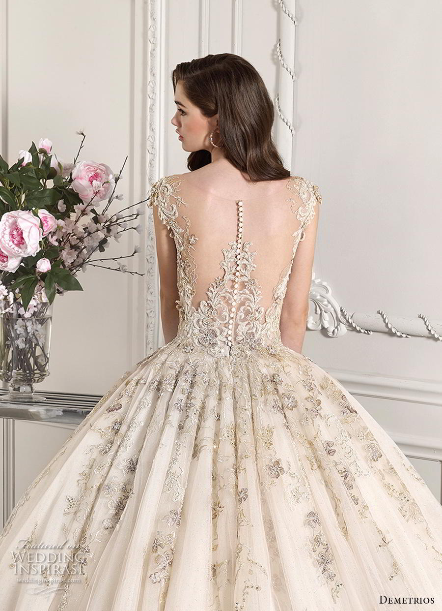 demetrios 2019 starlight bridal cap sleeves deep sweetheart neckline heavily embellished glamorous princess ivory gold ball gown a  line wedding dress sheer button back chapel train (12) zbv 