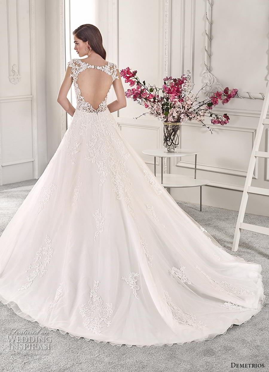 demetrios 2019 starlight bridal cap sleeves thick strap sweetheart neckline heavily embellished bodice romantic a  line wedding dress keyhole back chapel train (8) bv