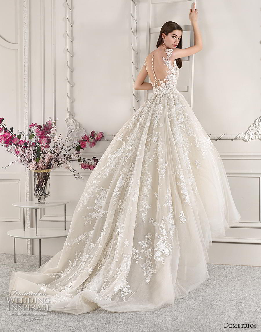 demetrios 2019 starlight bridal cap sleeves v neck heavily embellished bodice princess off white ball gown a  line wedding dress sheer button back royal train (9) bv mv