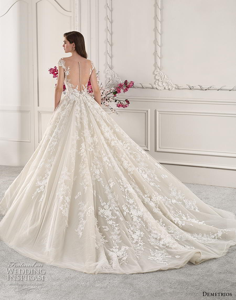 demetrios 2019 starlight bridal cap sleeves v neck heavily embellished bodice princess off white ball gown a  line wedding dress sheer button back royal train (9) bv