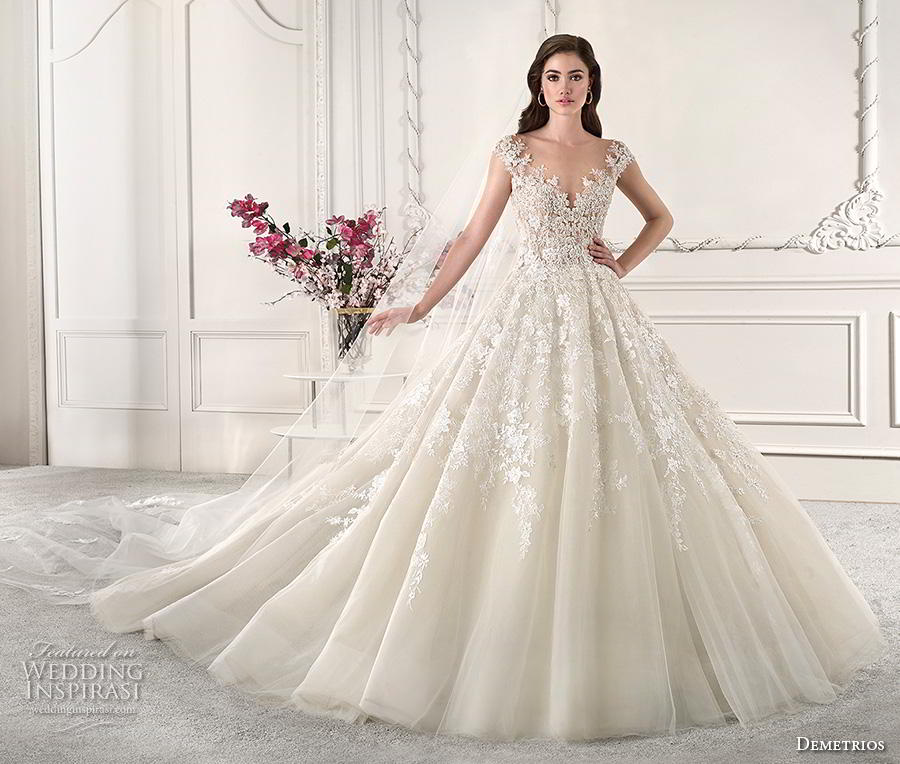 demetrios 2019 starlight bridal cap sleeves v neck heavily embellished bodice princess off white ball gown a  line wedding dress sheer button back royal train (9) mv