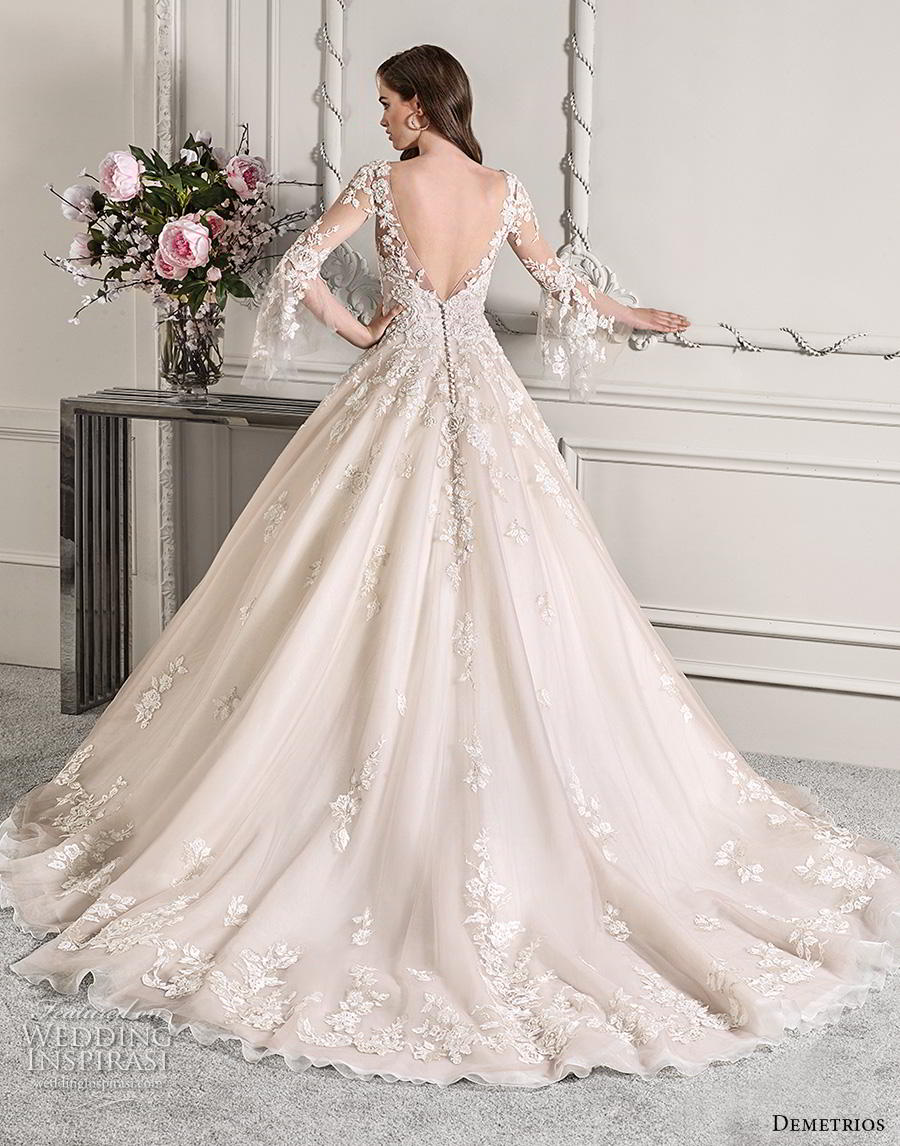 demetrios 2019 starlight bridal long lantern sleeves v neck heavily embellished bodice hem princess blush color ball gown a  line wedding dress backless v back chapel train (2) bv