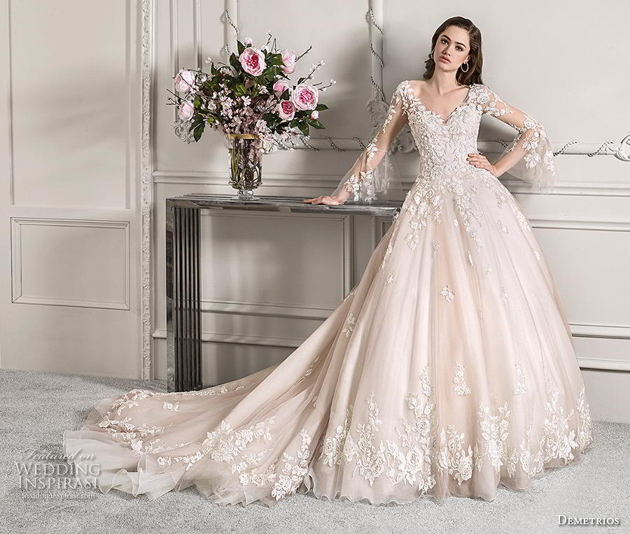 demetrios 2019 starlight bridal long lantern sleeves v neck heavily embellished bodice hem princess blush color ball gown a  line wedding dress backless v back chapel train (2) mv