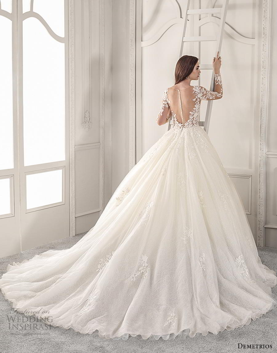 demetrios 2019 starlight bridal long sleeves illusion boat sweetheart neckline heavily embellished bodice romantic princess ball gown a  line wedding dress sheer button back royal train (15) bv